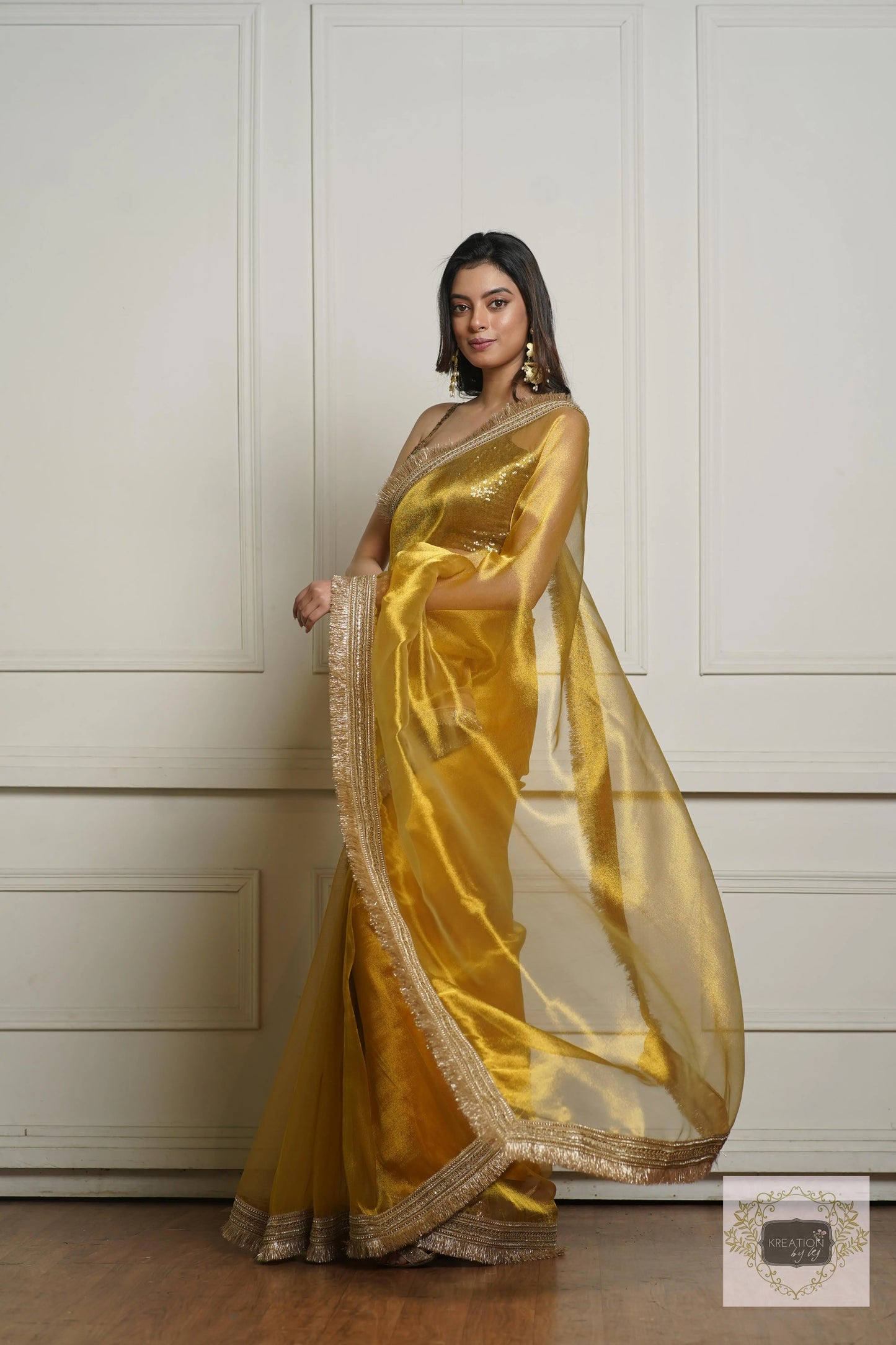 Golden Yellow Zari Tissue Banno Saree for Wedding kreationbykj