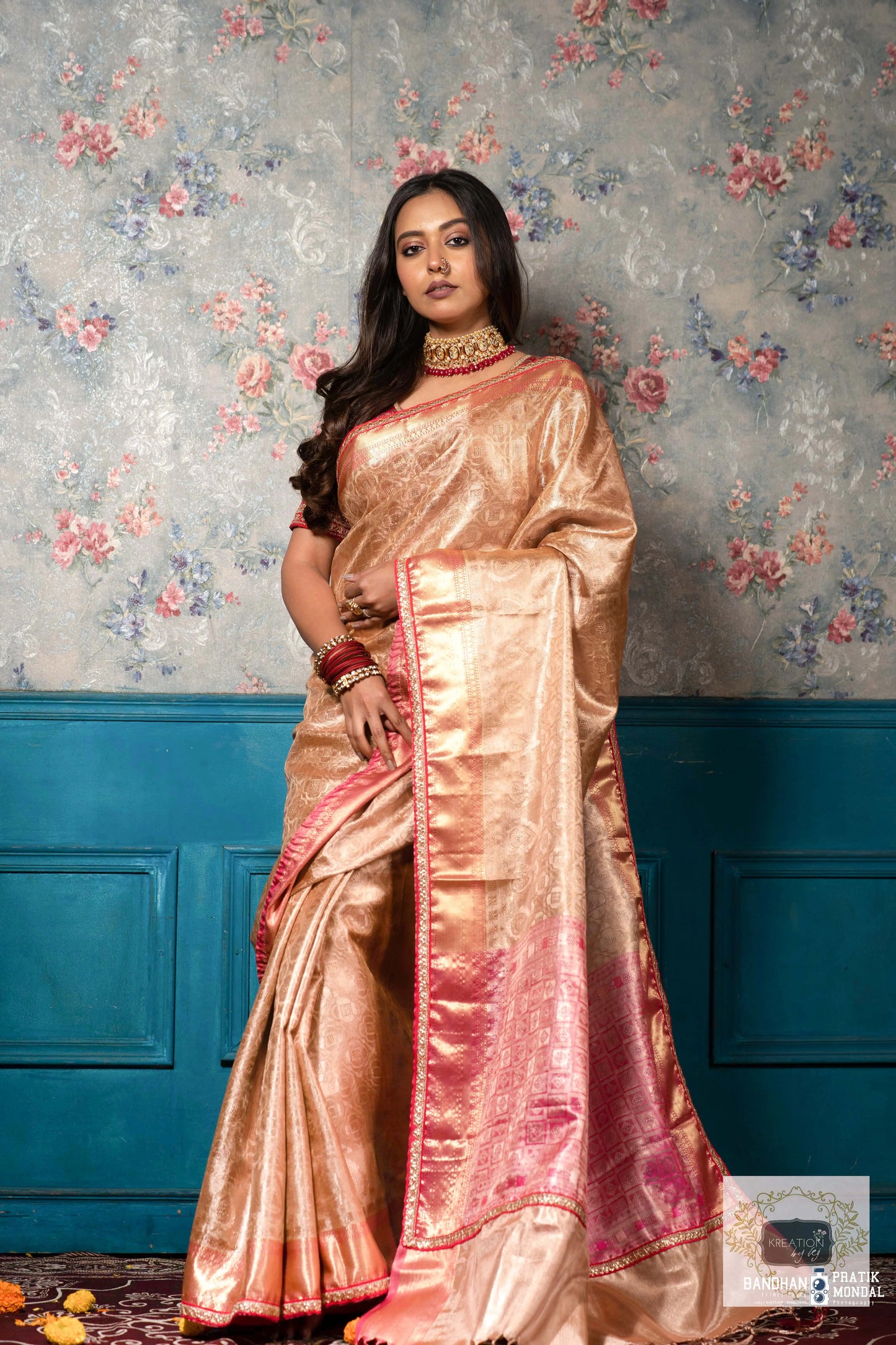 Gold and Pink Tissue Banarasi Saree kreationbykj