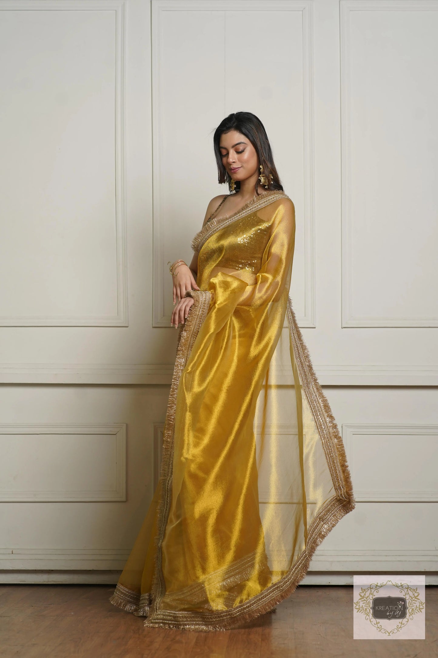 Golden Yellow Zari Tissue Banno Saree for Wedding kreationbykj