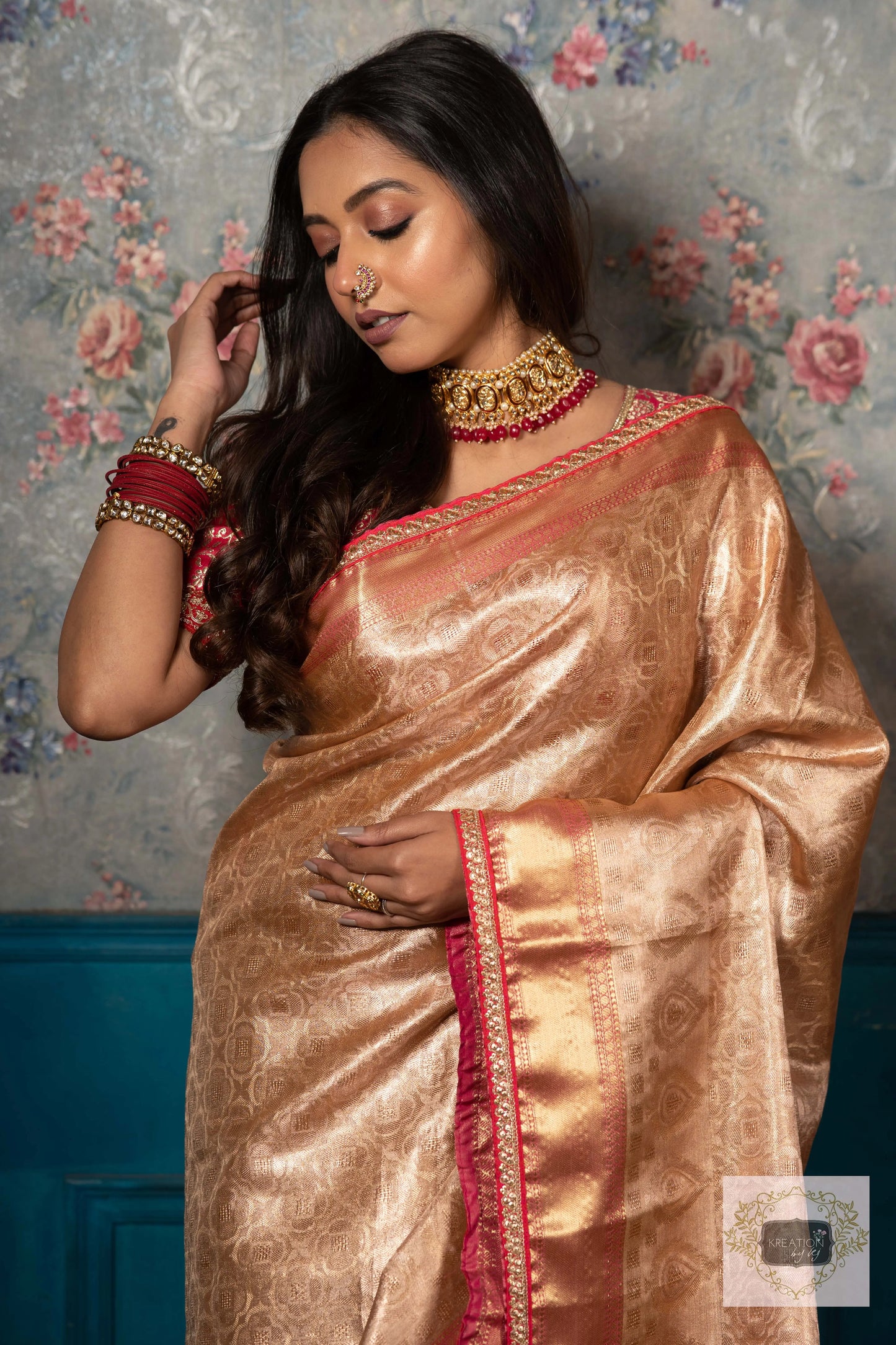 Gold and Pink Tissue Banarasi Saree kreationbykj
