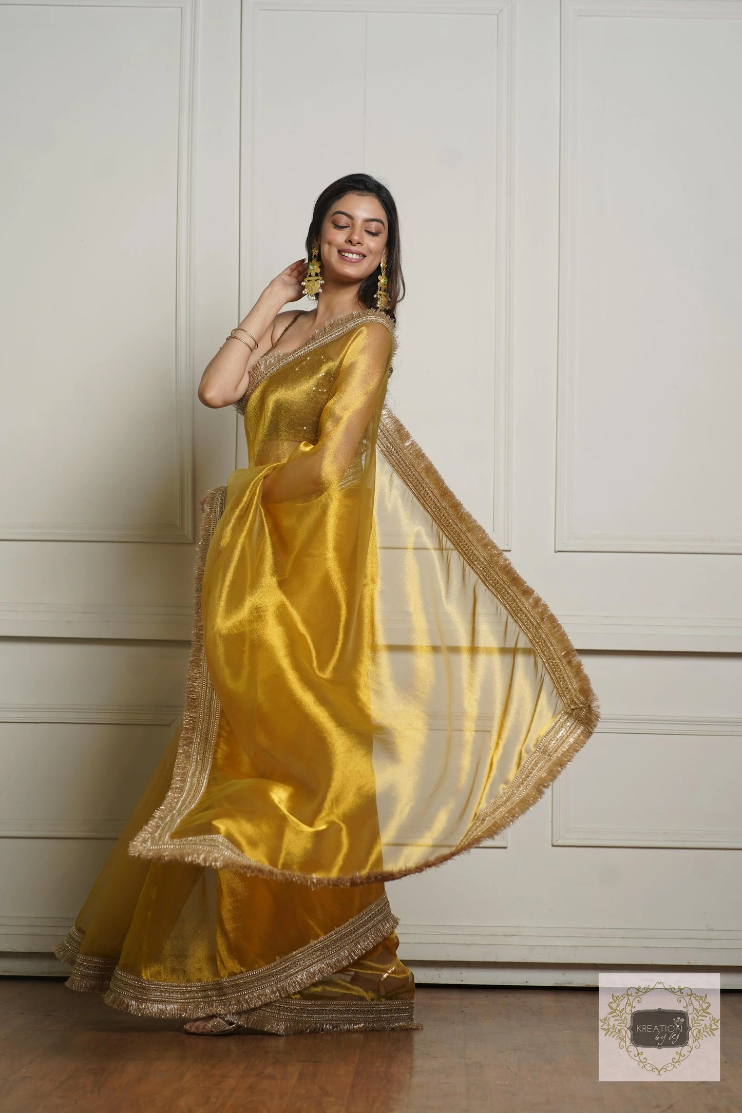 Golden Yellow Zari Tissue Banno Saree for Wedding kreationbykj