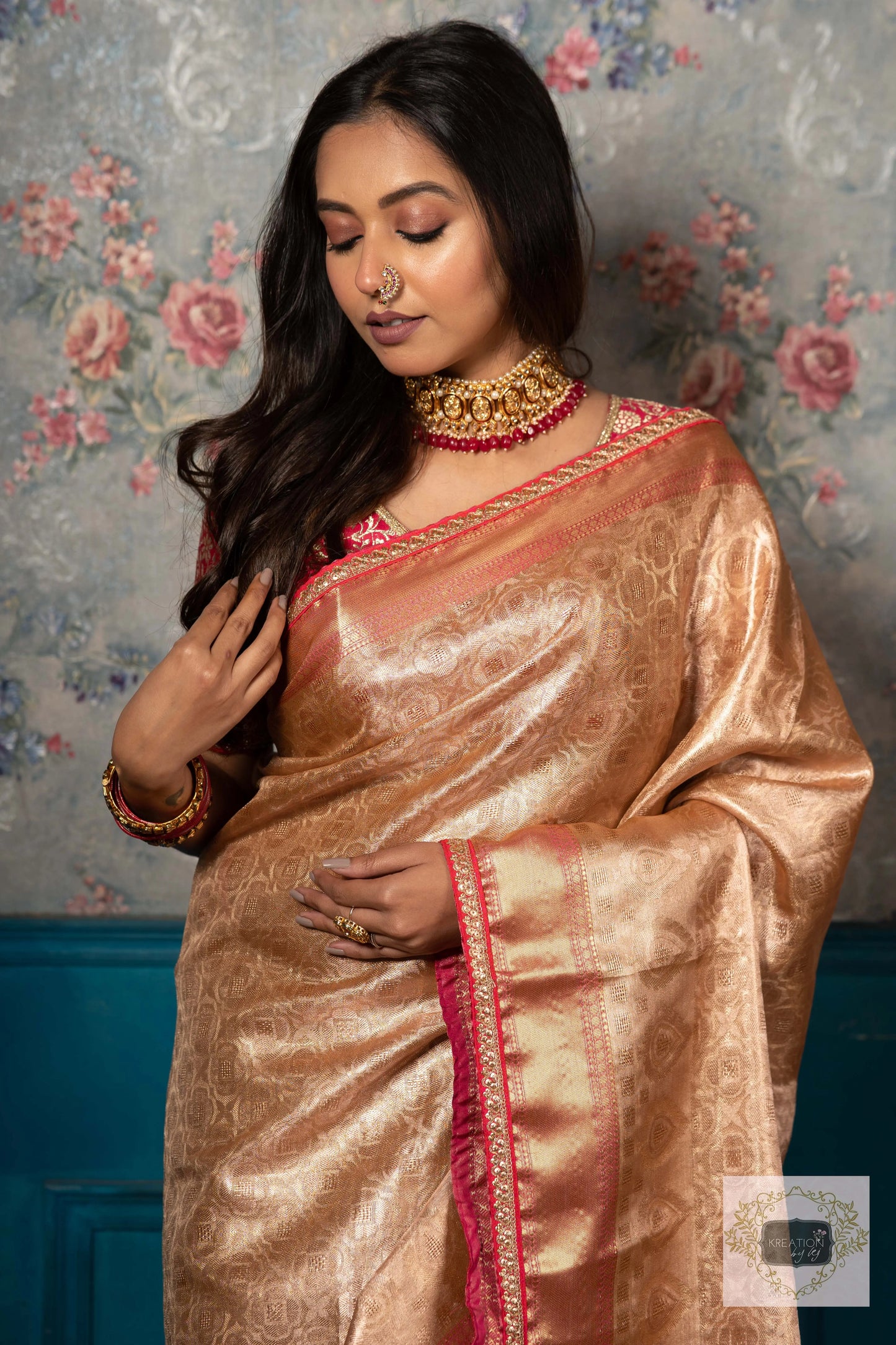 Gold and Pink Tissue Banarasi Saree kreationbykj