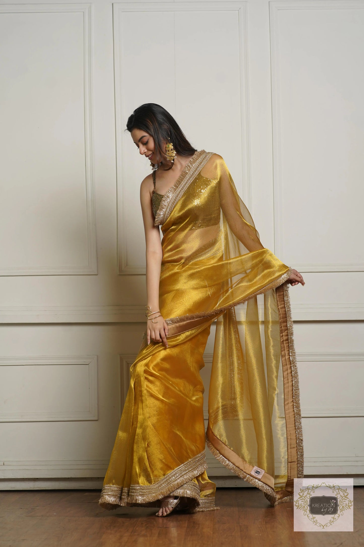 Golden Yellow Zari Tissue Banno Saree for Wedding kreationbykj