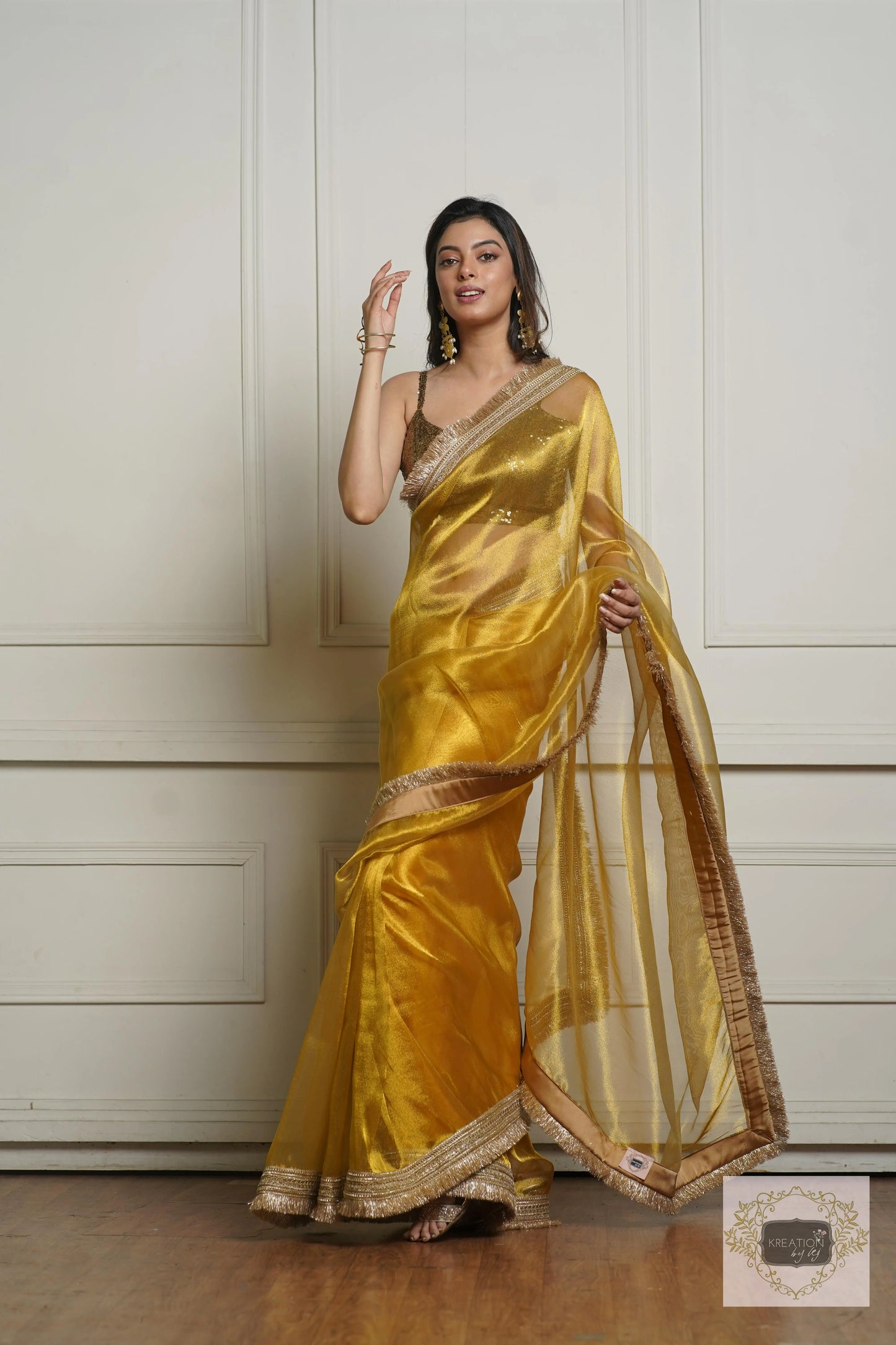 Golden Yellow Zari Tissue Banno Saree for Wedding kreationbykj