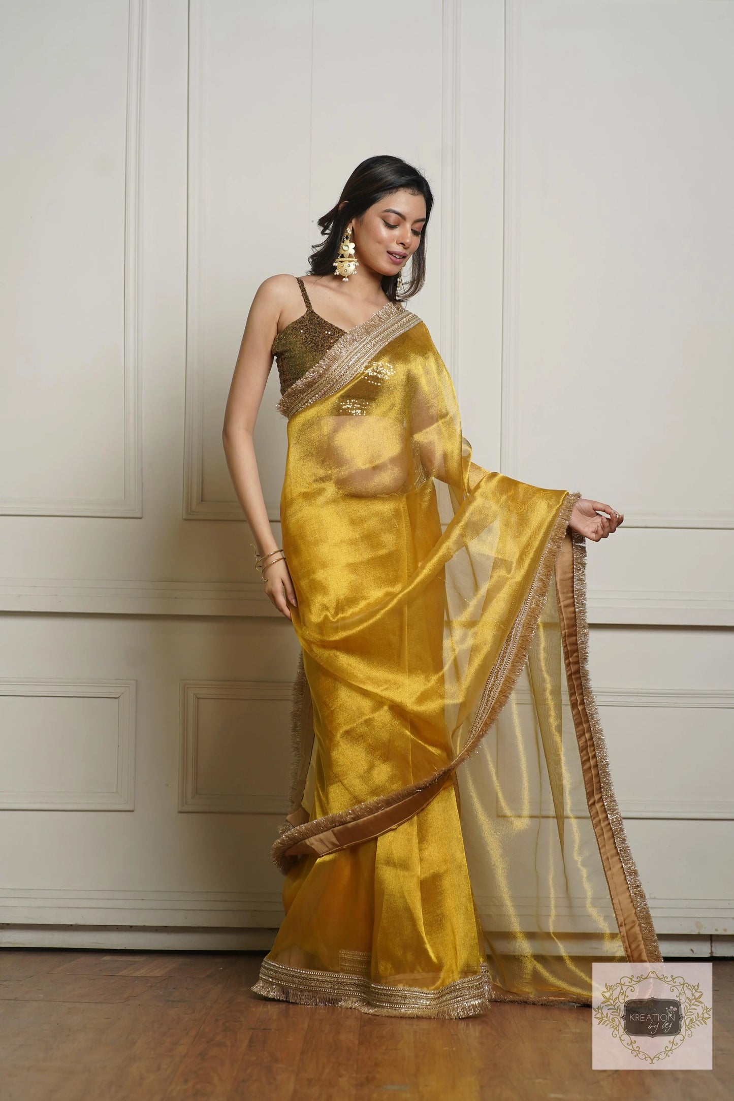 Golden Yellow Zari Tissue Banno Saree for Wedding kreationbykj