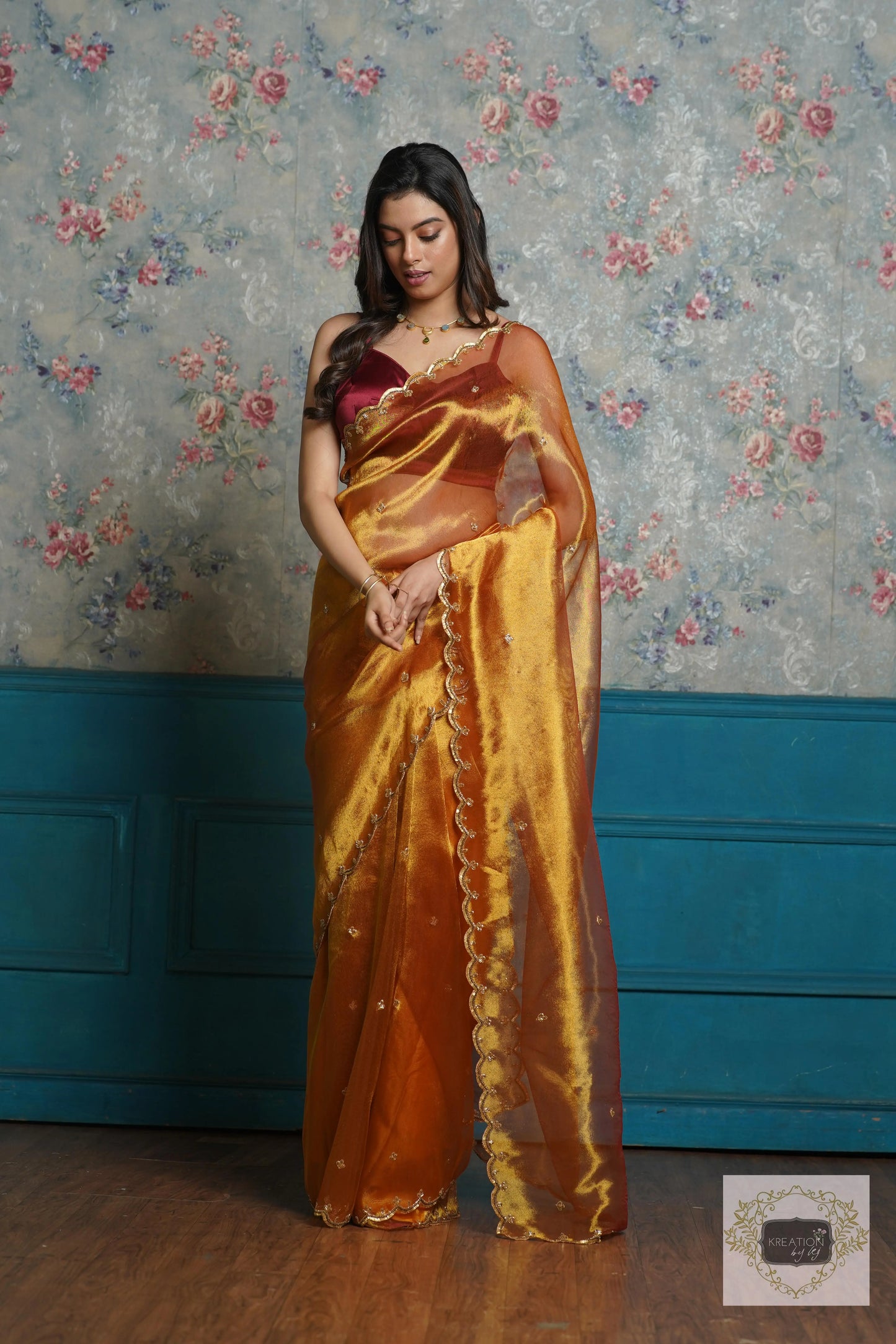 Fiery Gold Zari Tissue Sequins Piyali Saree kreationbykj