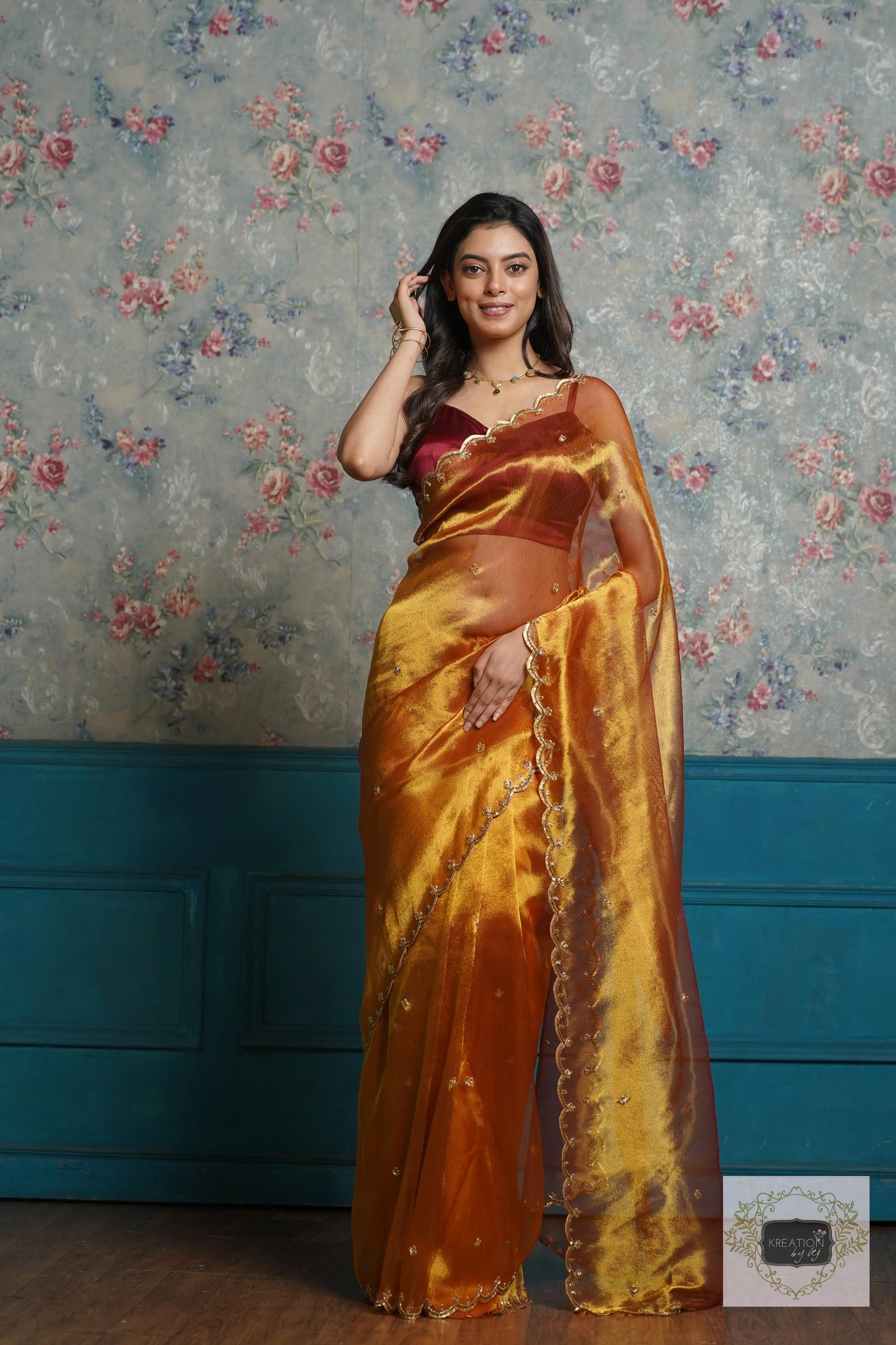 Fiery Gold Zari Tissue Sequins Piyali Saree kreationbykj