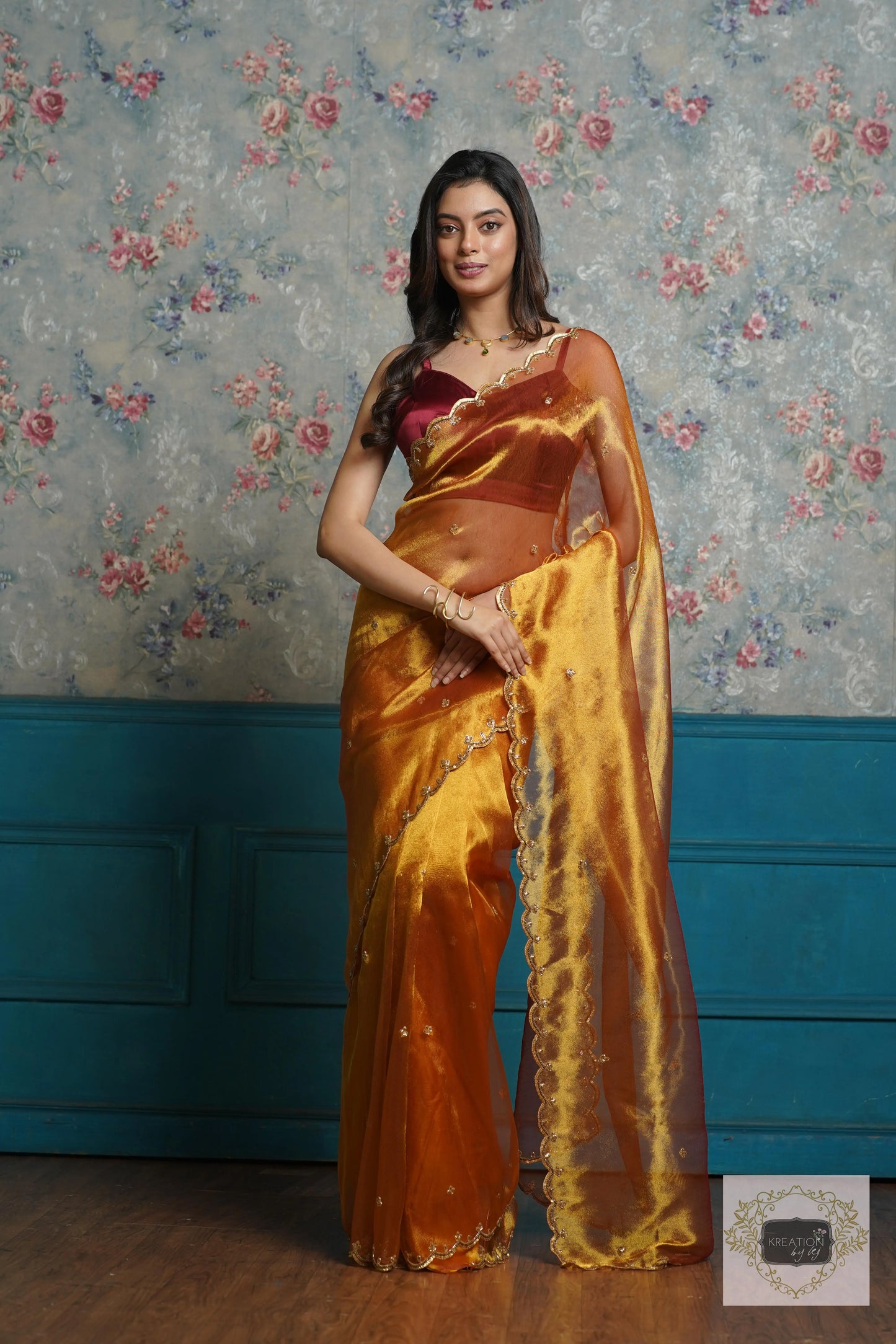 Fiery Gold Zari Tissue Sequins Piyali Saree kreationbykj