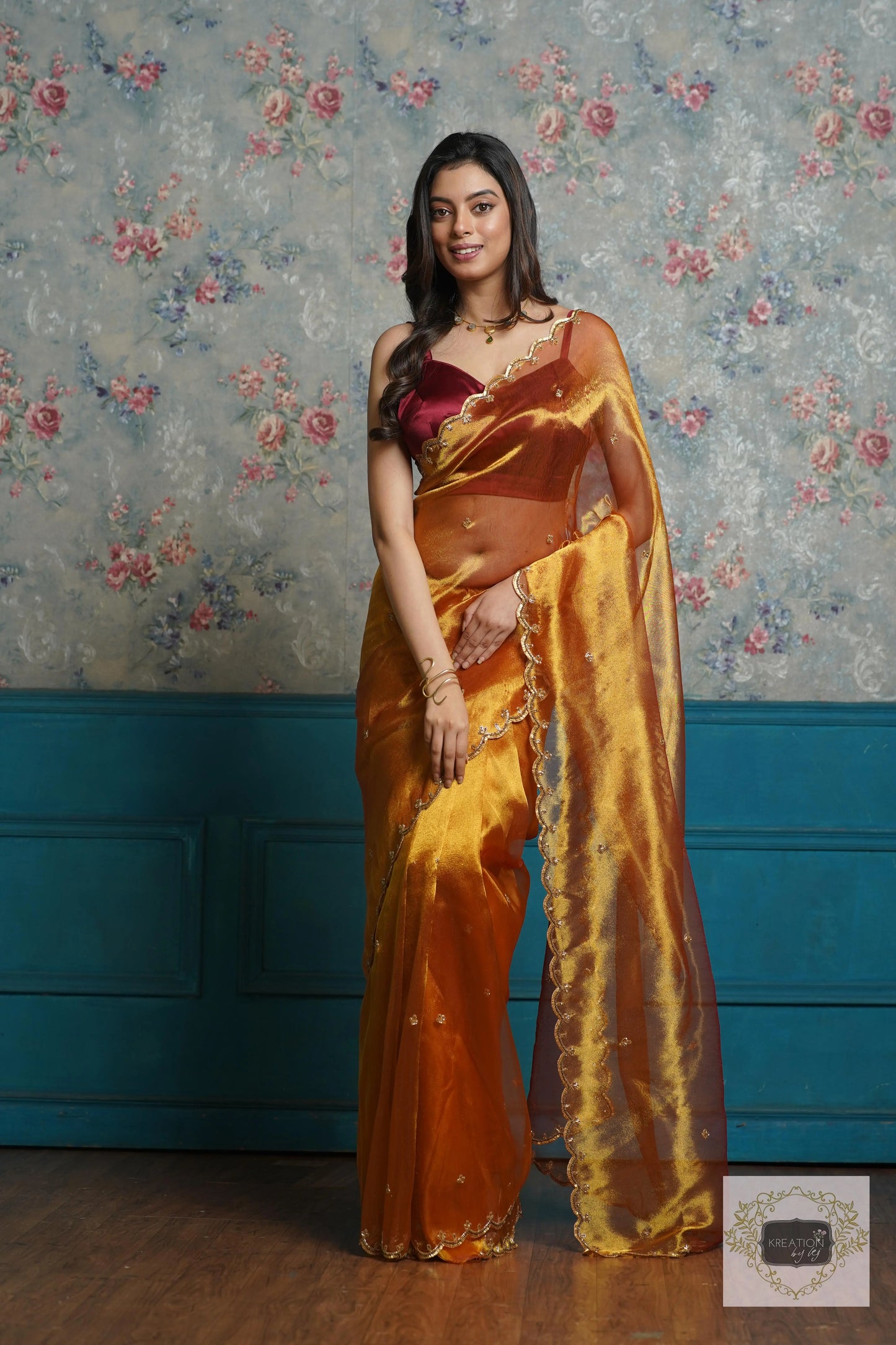 Fiery Gold Zari Tissue Sequins Piyali Saree kreationbykj