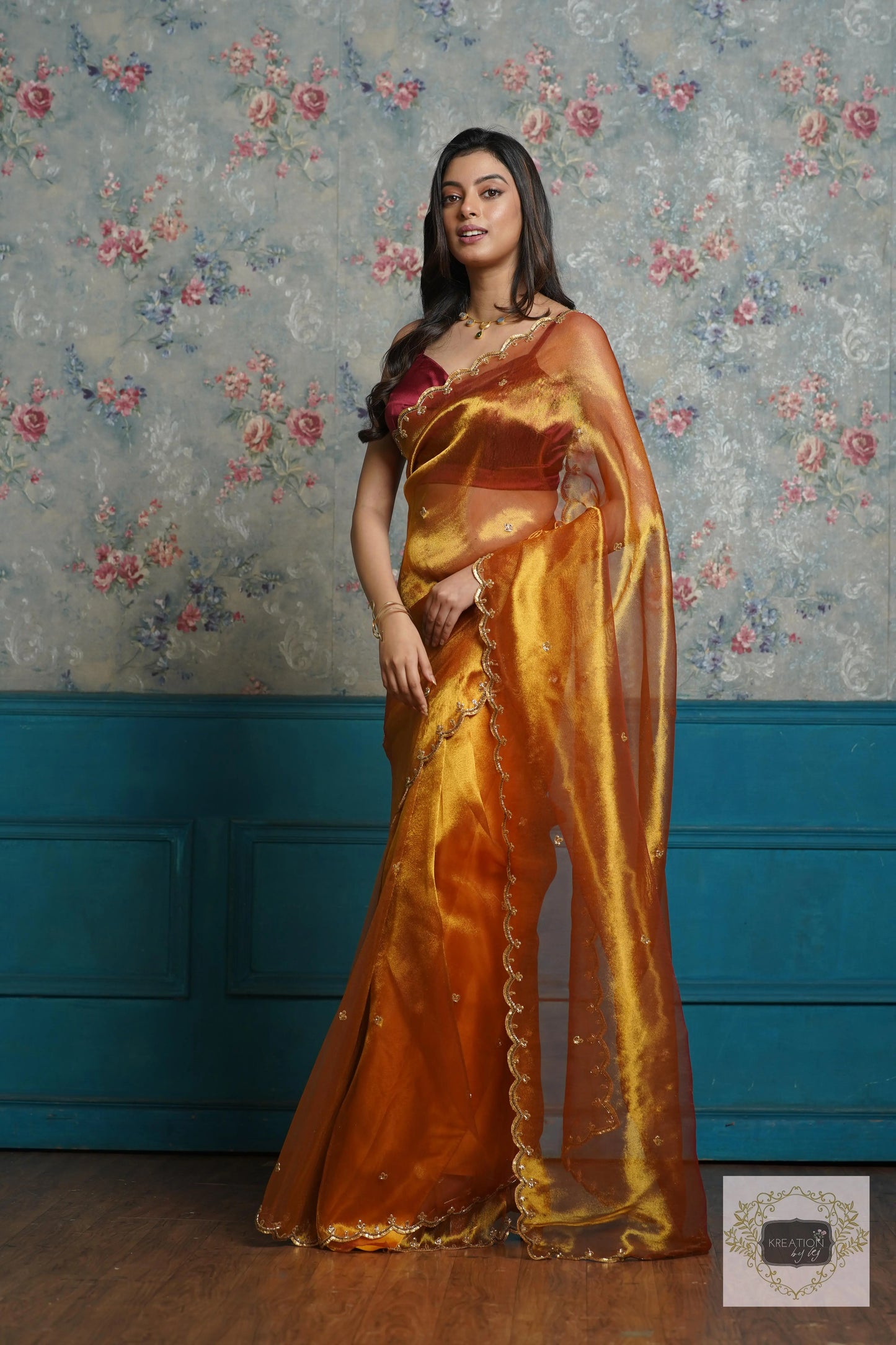 Fiery Gold Zari Tissue Sequins Piyali Saree kreationbykj