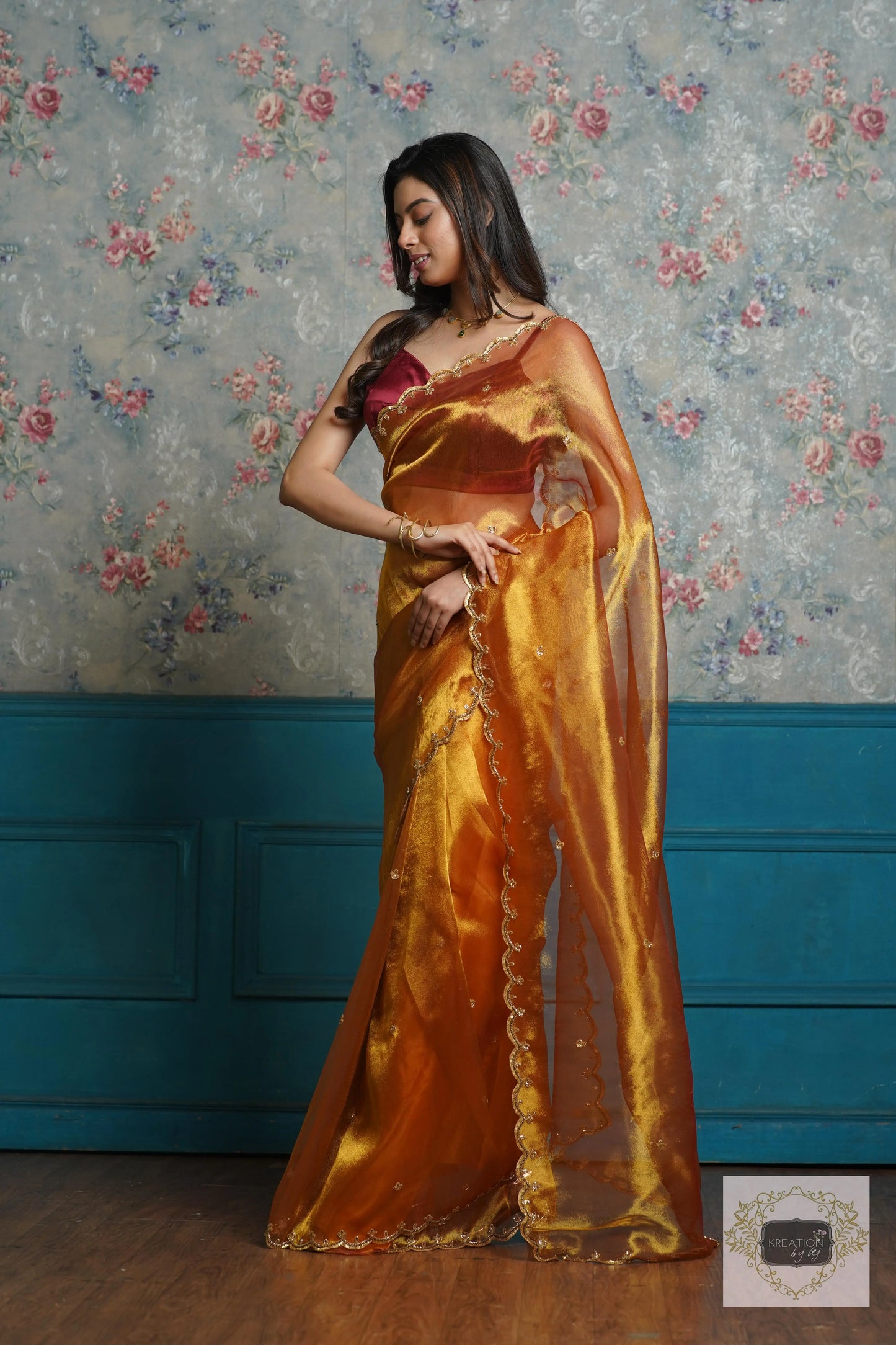 Fiery Gold Zari Tissue Sequins Piyali Saree kreationbykj