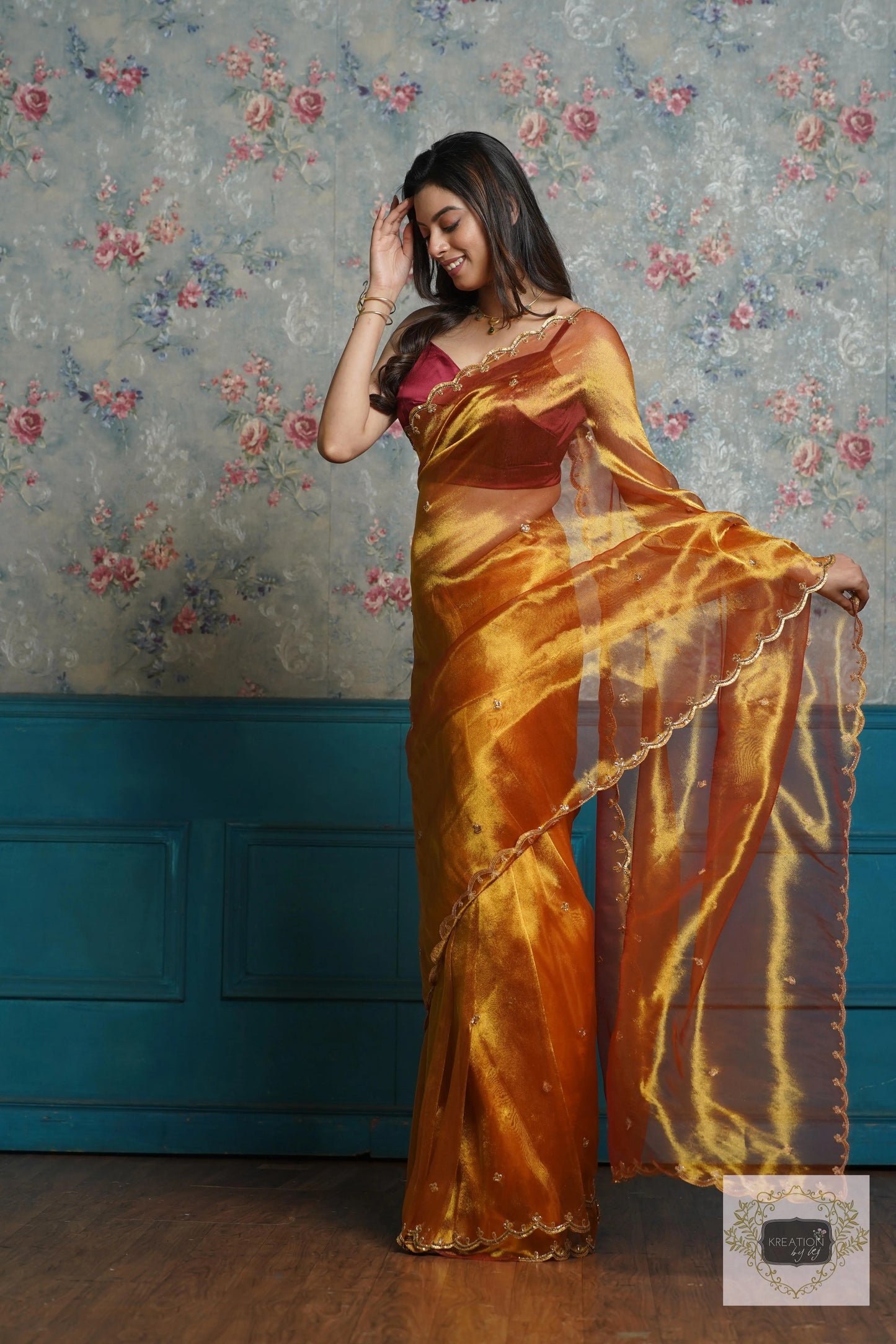 Fiery Gold Zari Tissue Sequins Piyali Saree kreationbykj