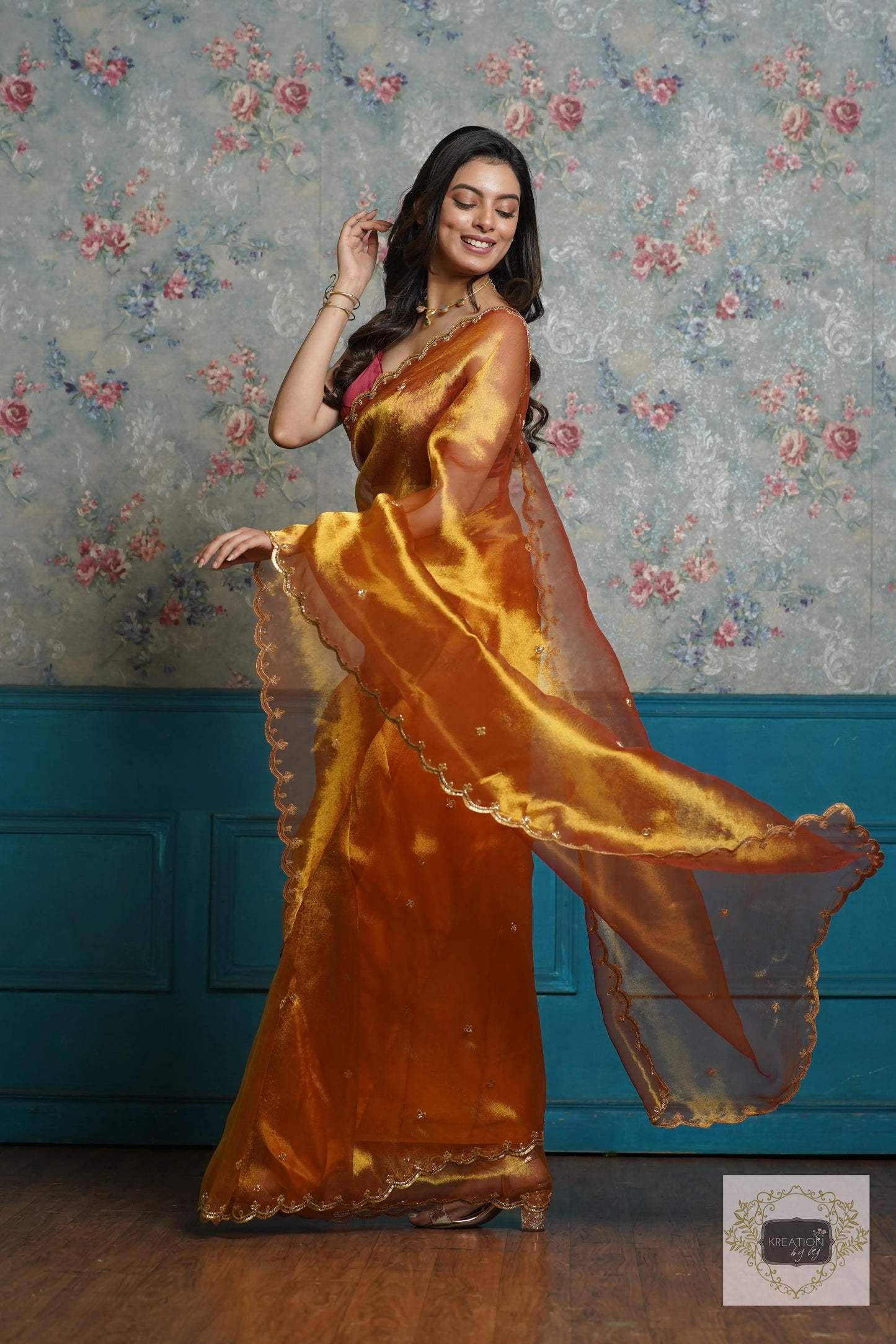 Fiery Gold Zari Tissue Sequins Piyali Saree kreationbykj