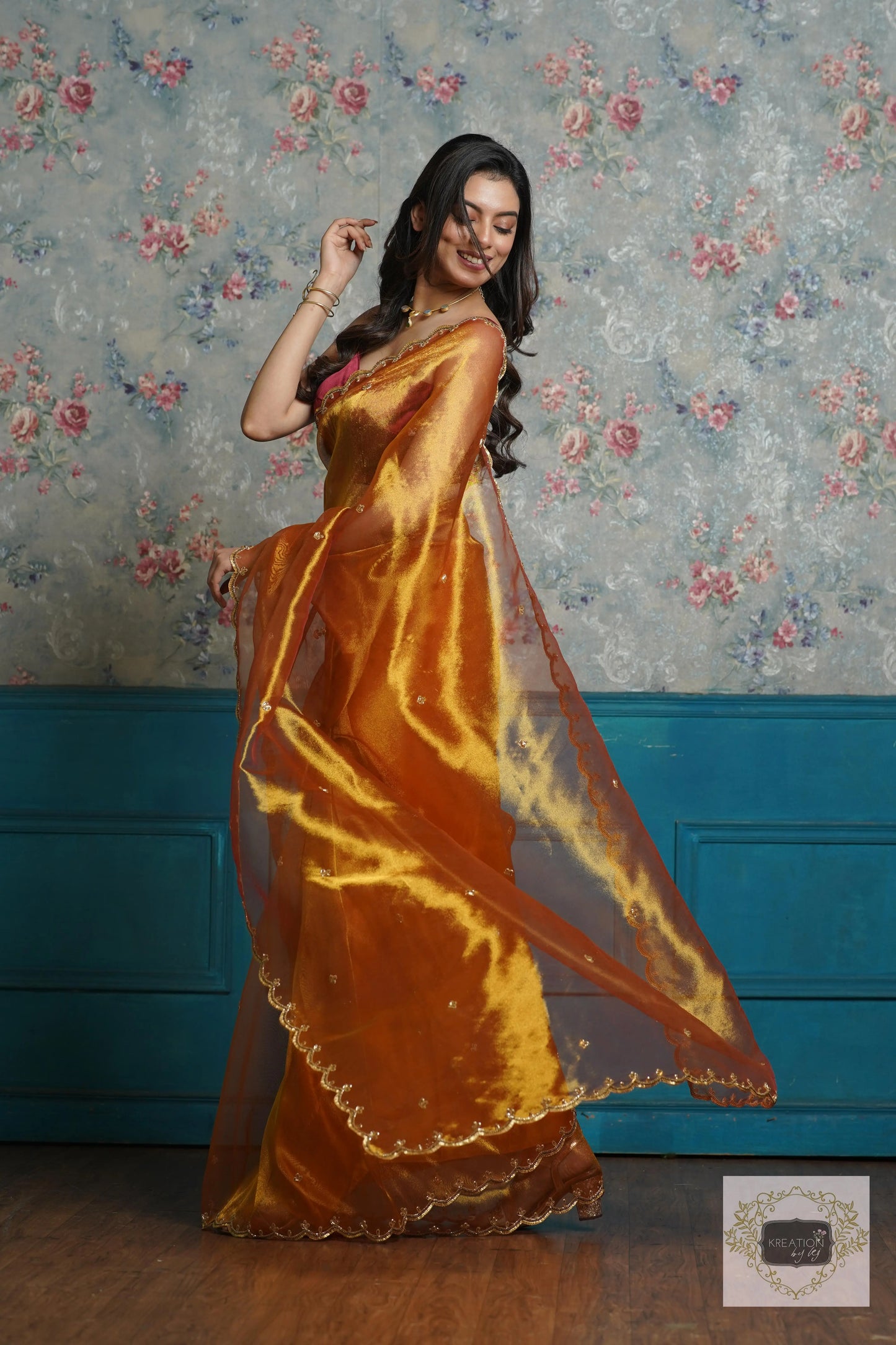 Fiery Gold Zari Tissue Sequins Piyali Saree kreationbykj