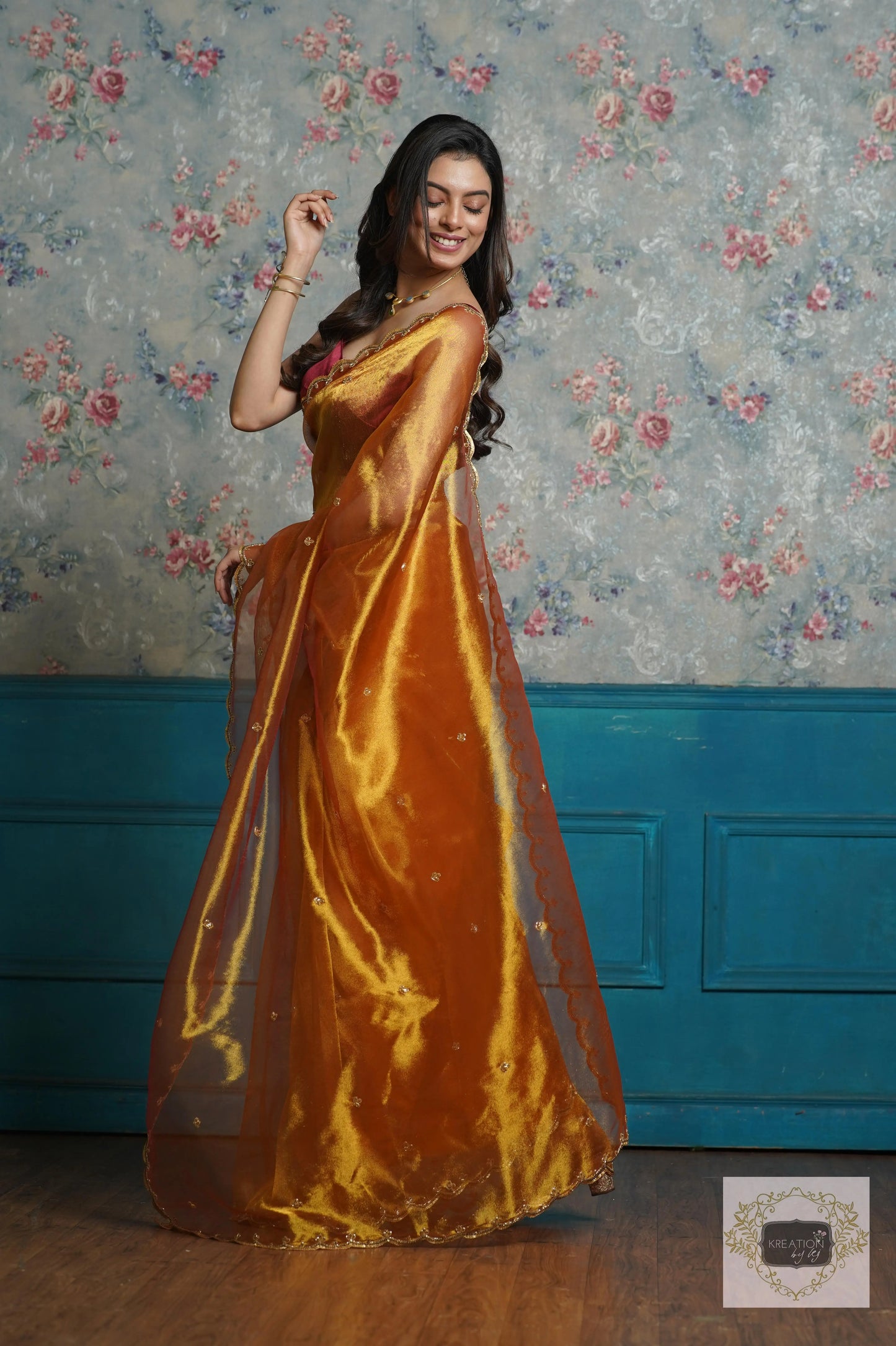 Fiery Gold Zari Tissue Sequins Piyali Saree kreationbykj