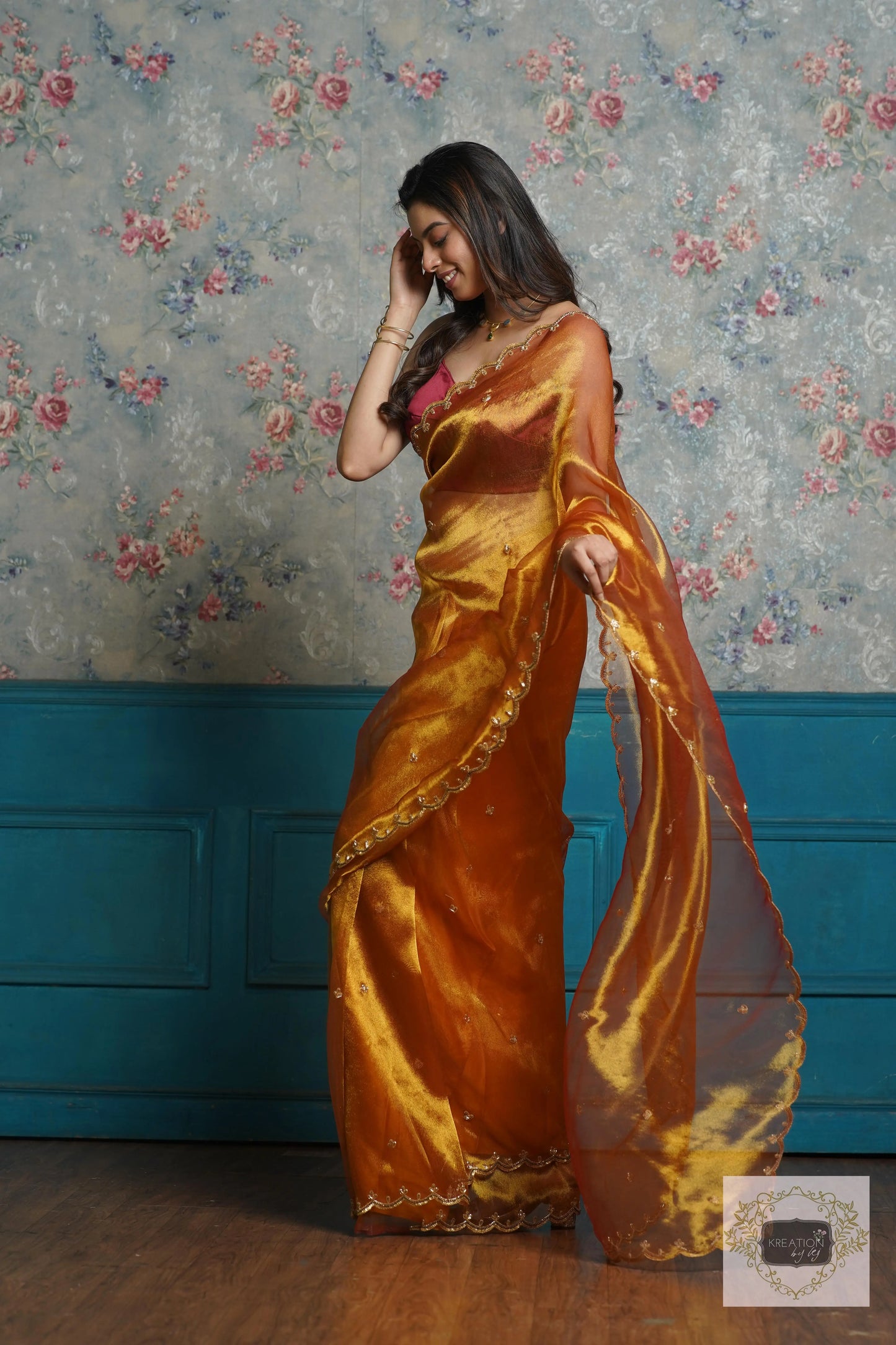 Fiery Gold Zari Tissue Sequins Piyali Saree kreationbykj