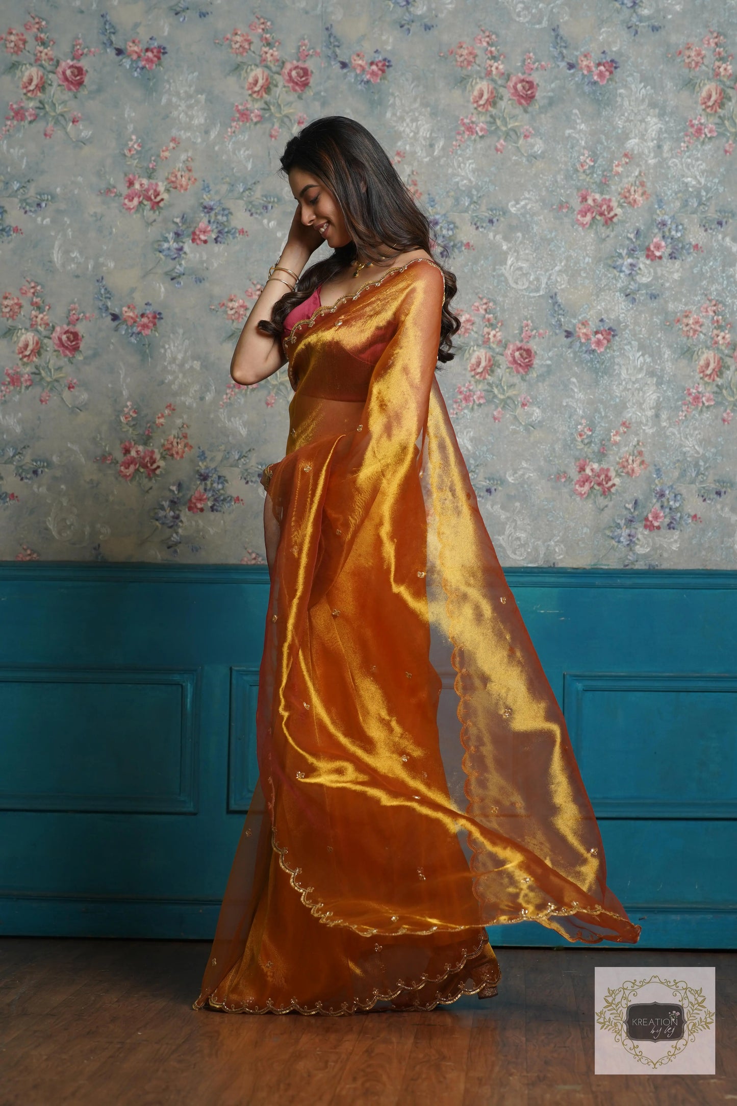 Fiery Gold Zari Tissue Sequins Piyali Saree kreationbykj