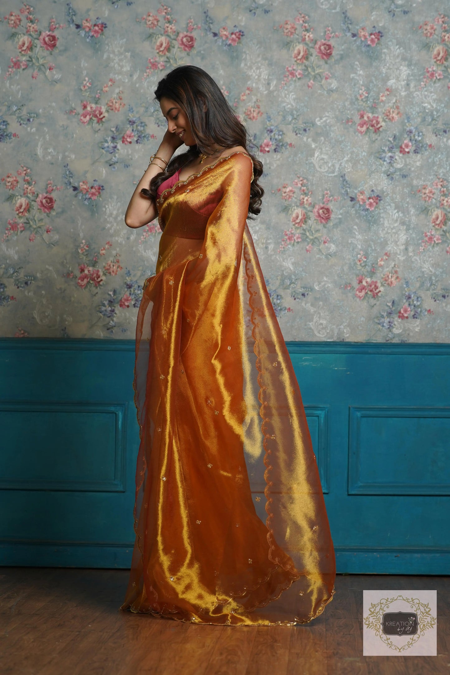 Fiery Gold Zari Tissue Sequins Piyali Saree kreationbykj
