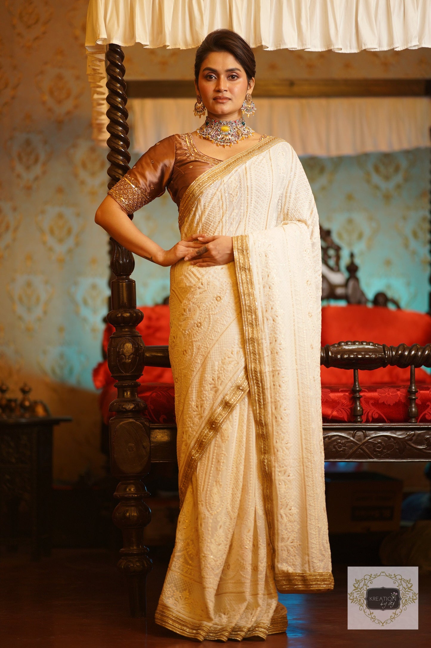 Husn Cream Georgette Embroidered Saree kreationbykj