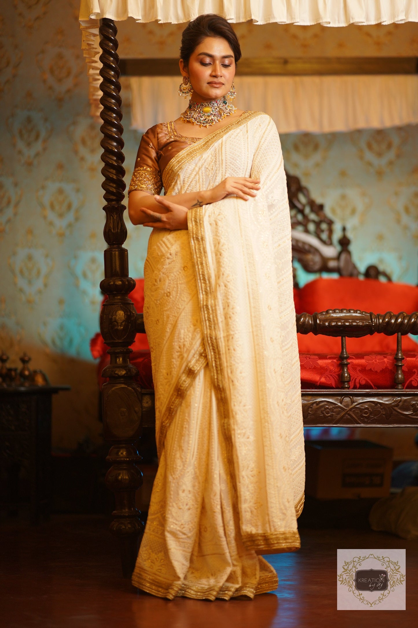 Husn Cream Georgette Embroidered Saree kreationbykj