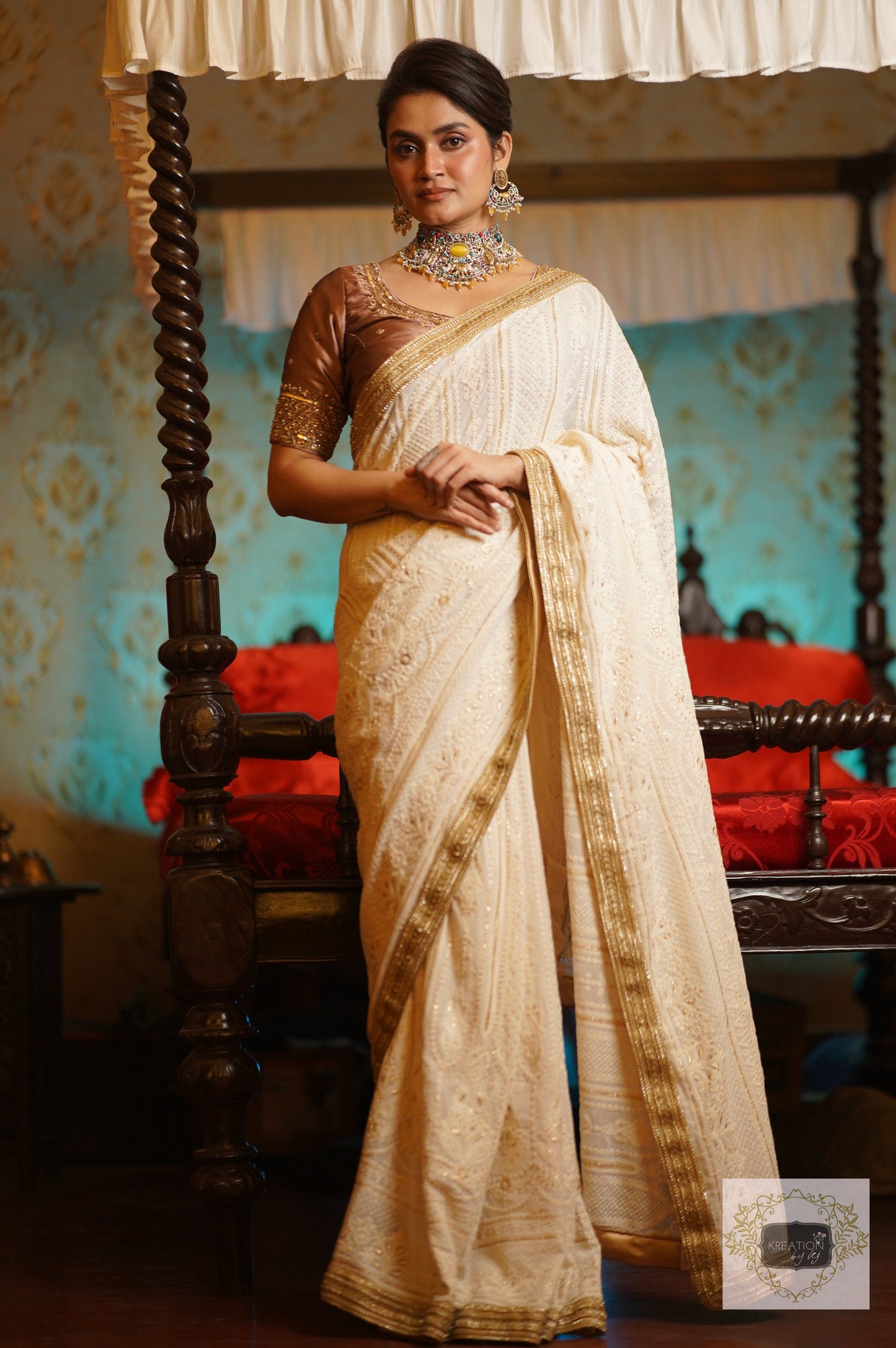Husn Cream Georgette Embroidered Saree kreationbykj