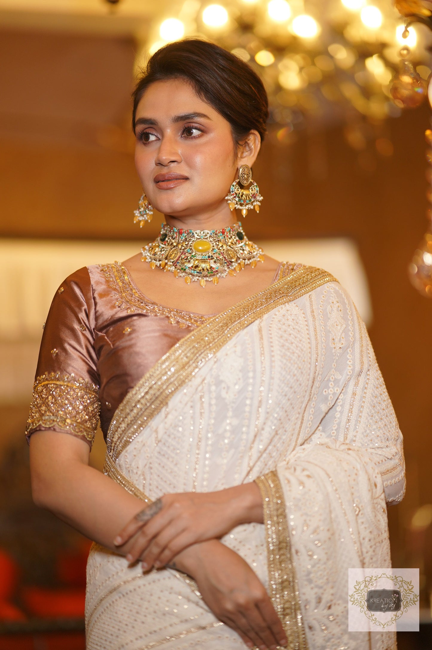 Husn Cream Georgette Embroidered Saree kreationbykj