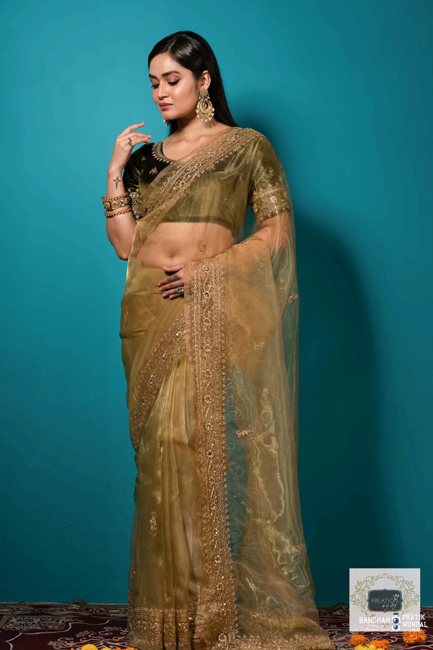 Pista Green Glass Tissue zarina Saree kreationbykj