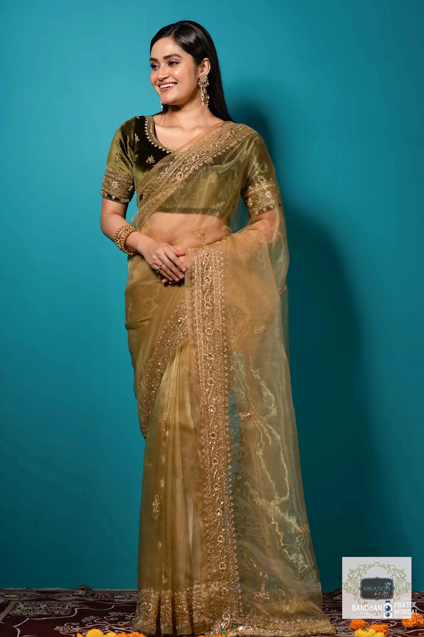 Pista Green Glass Tissue zarina Saree kreationbykj