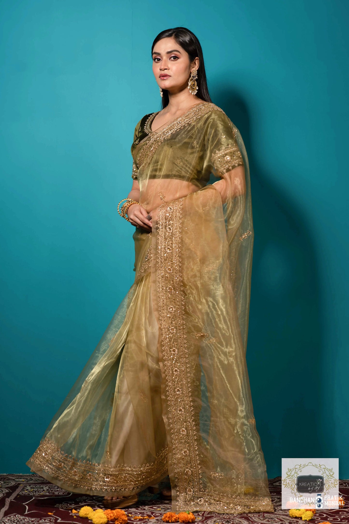 Pista Green Glass Tissue zarina Saree kreationbykj