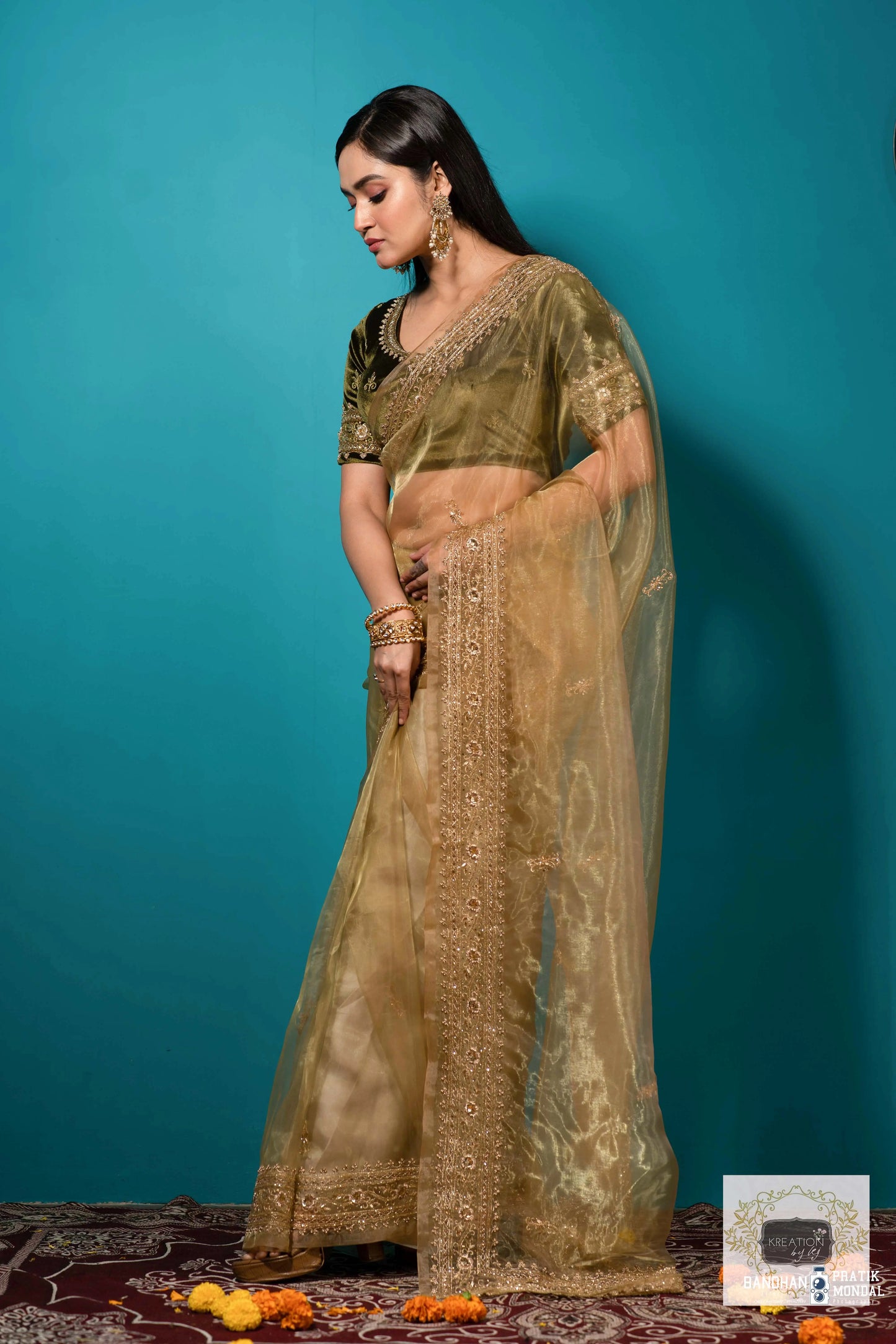 Pista Green Glass Tissue zarina Saree kreationbykj
