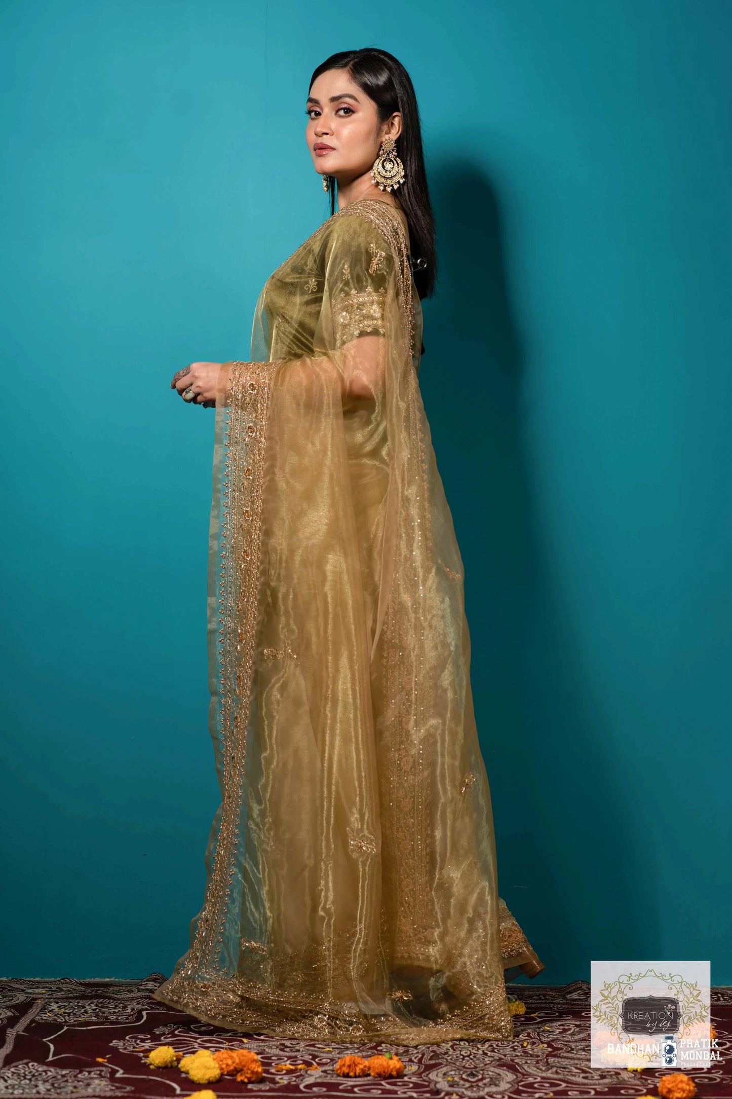 Pista Green Glass Tissue zarina Saree kreationbykj