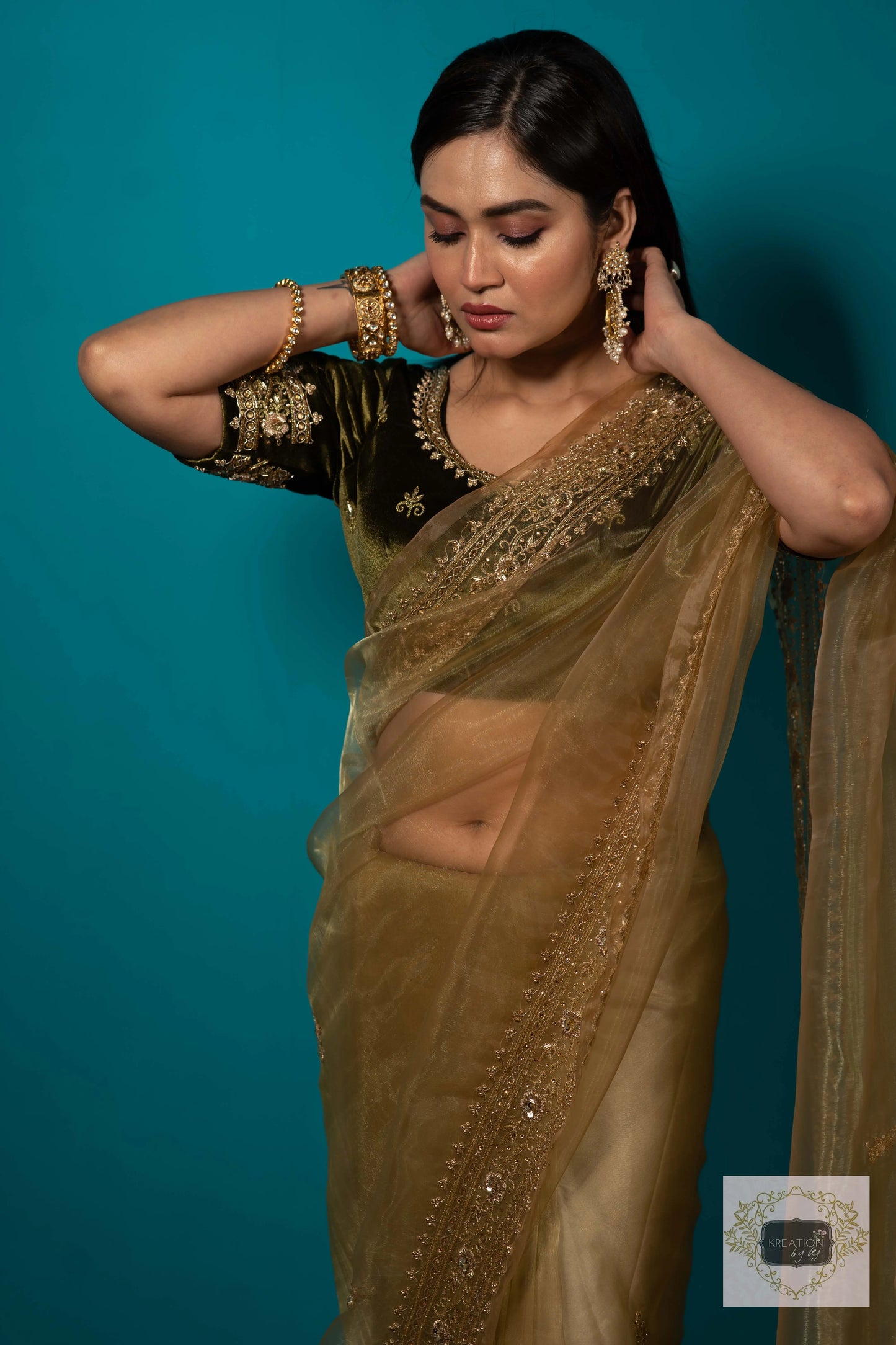 Pista Green Glass Tissue zarina Saree kreationbykj