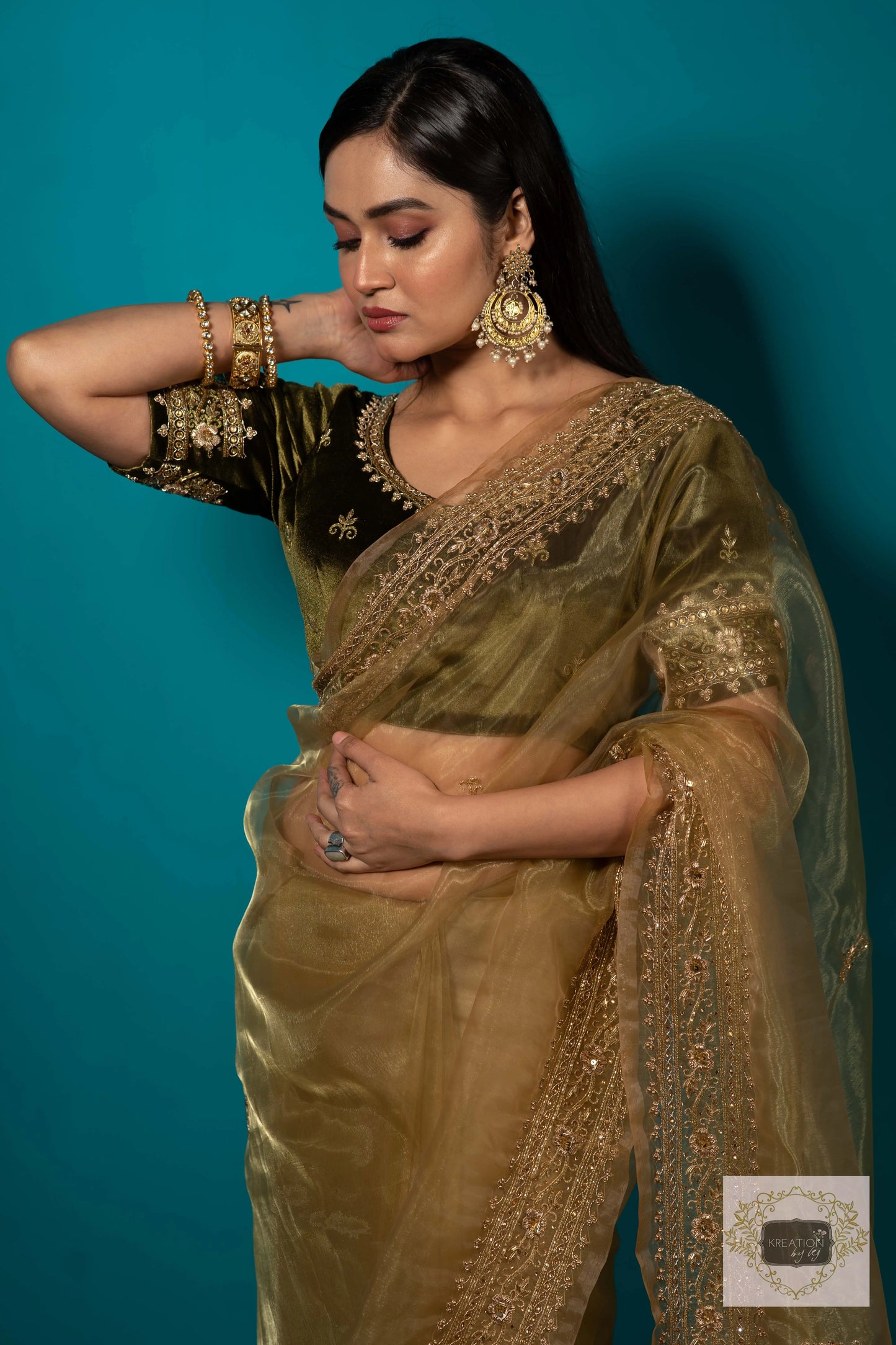 Pista Green Glass Tissue zarina Saree kreationbykj