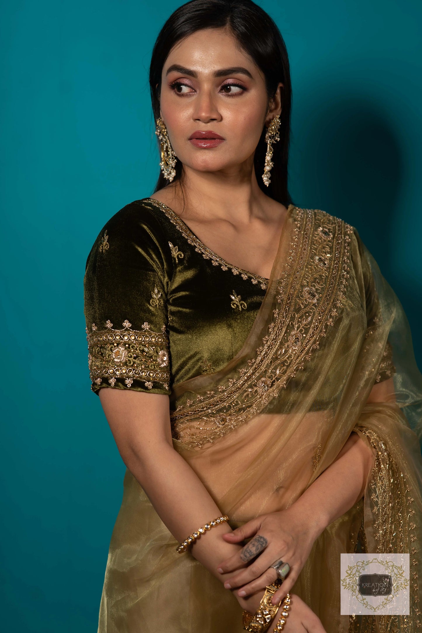 Pista Green Glass Tissue zarina Saree kreationbykj
