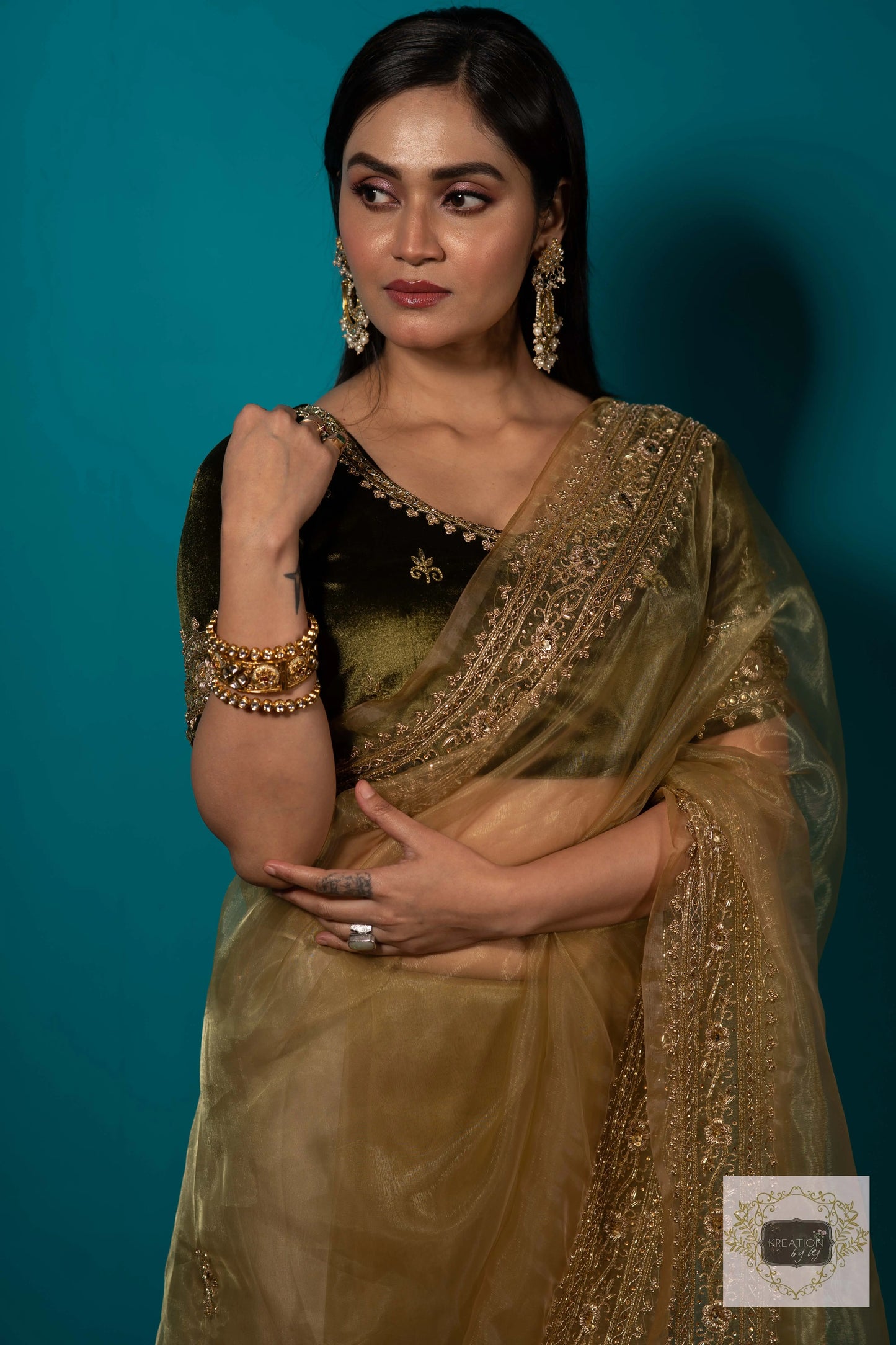 Pista Green Glass Tissue zarina Saree kreationbykj