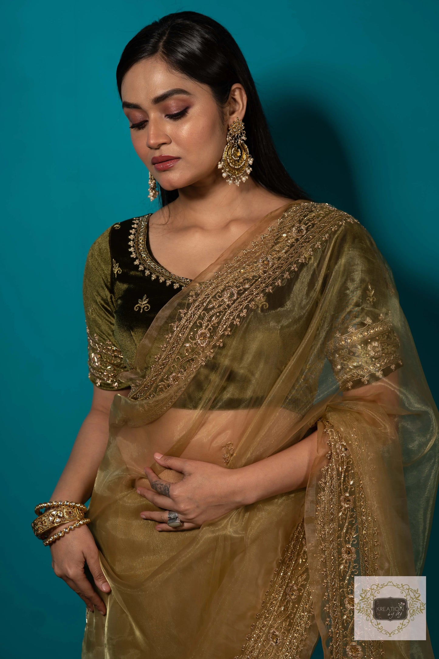 Pista Green Glass Tissue zarina Saree kreationbykj