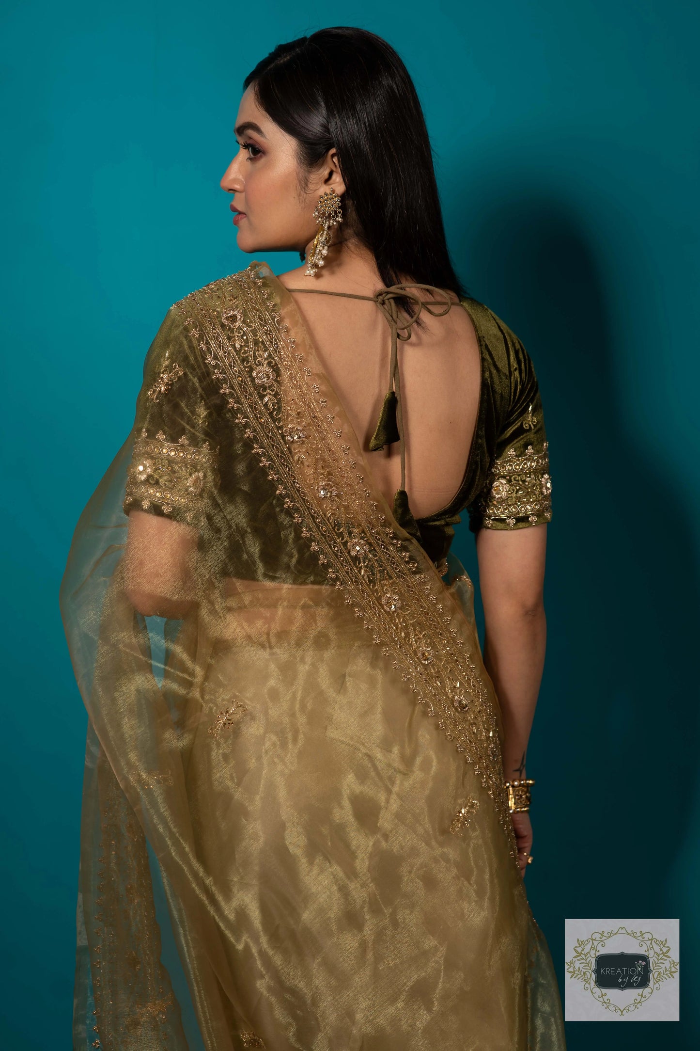 Pista Green Glass Tissue zarina Saree kreationbykj