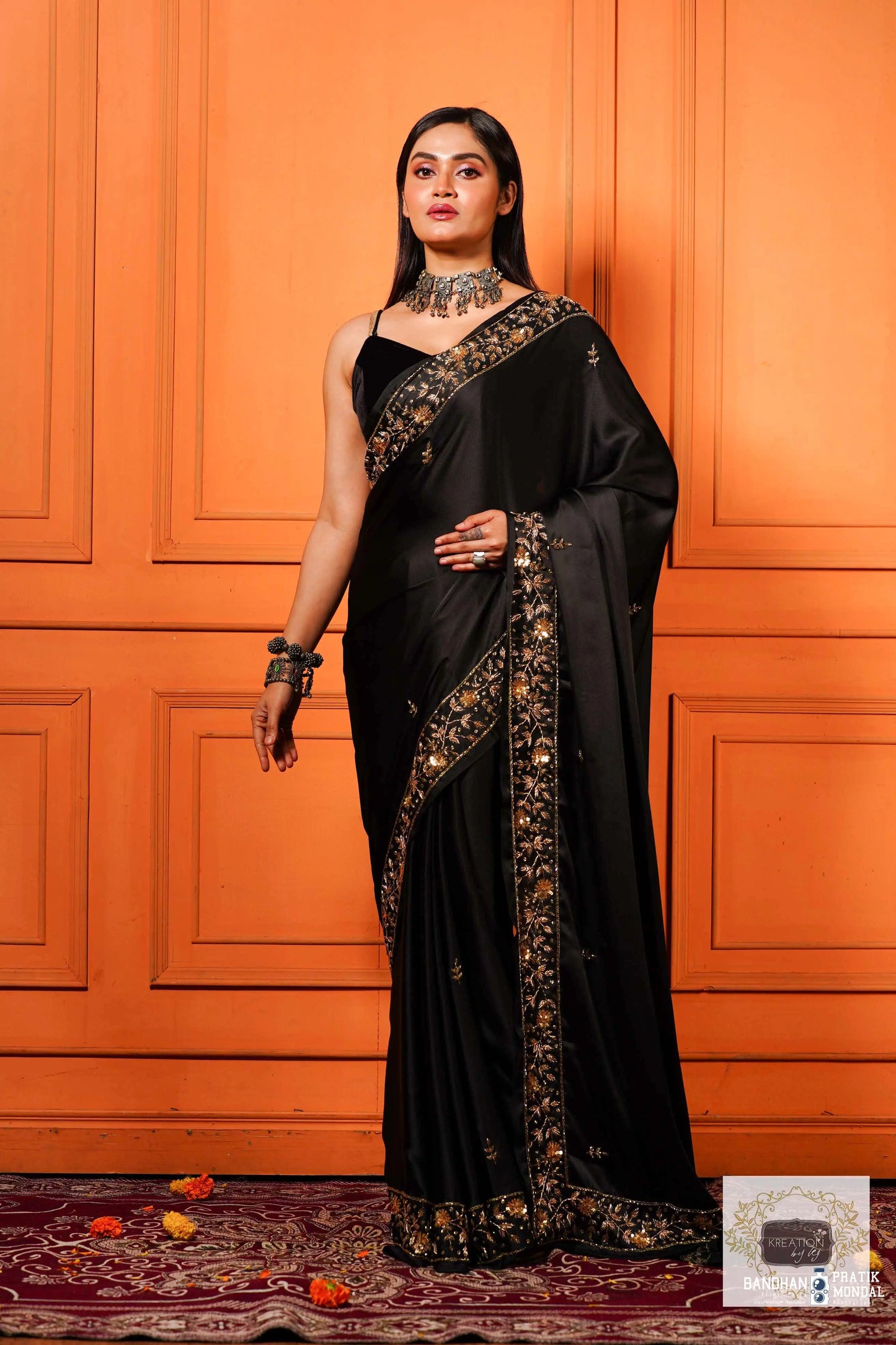 Black Satin Silk Anaya Saree kreationbykj