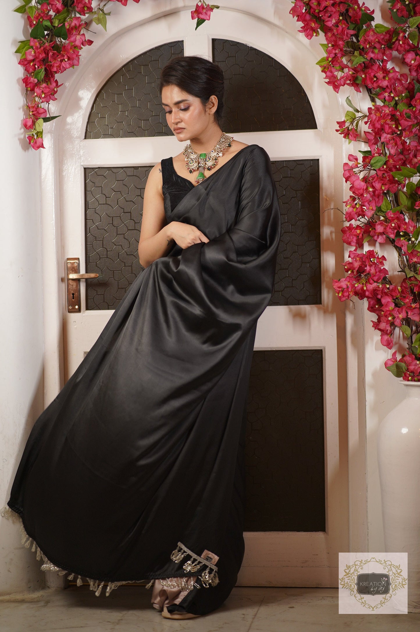 Twilight Satin Silk Cocktail Saree with handmade tassels on pallu kreationbykj.in