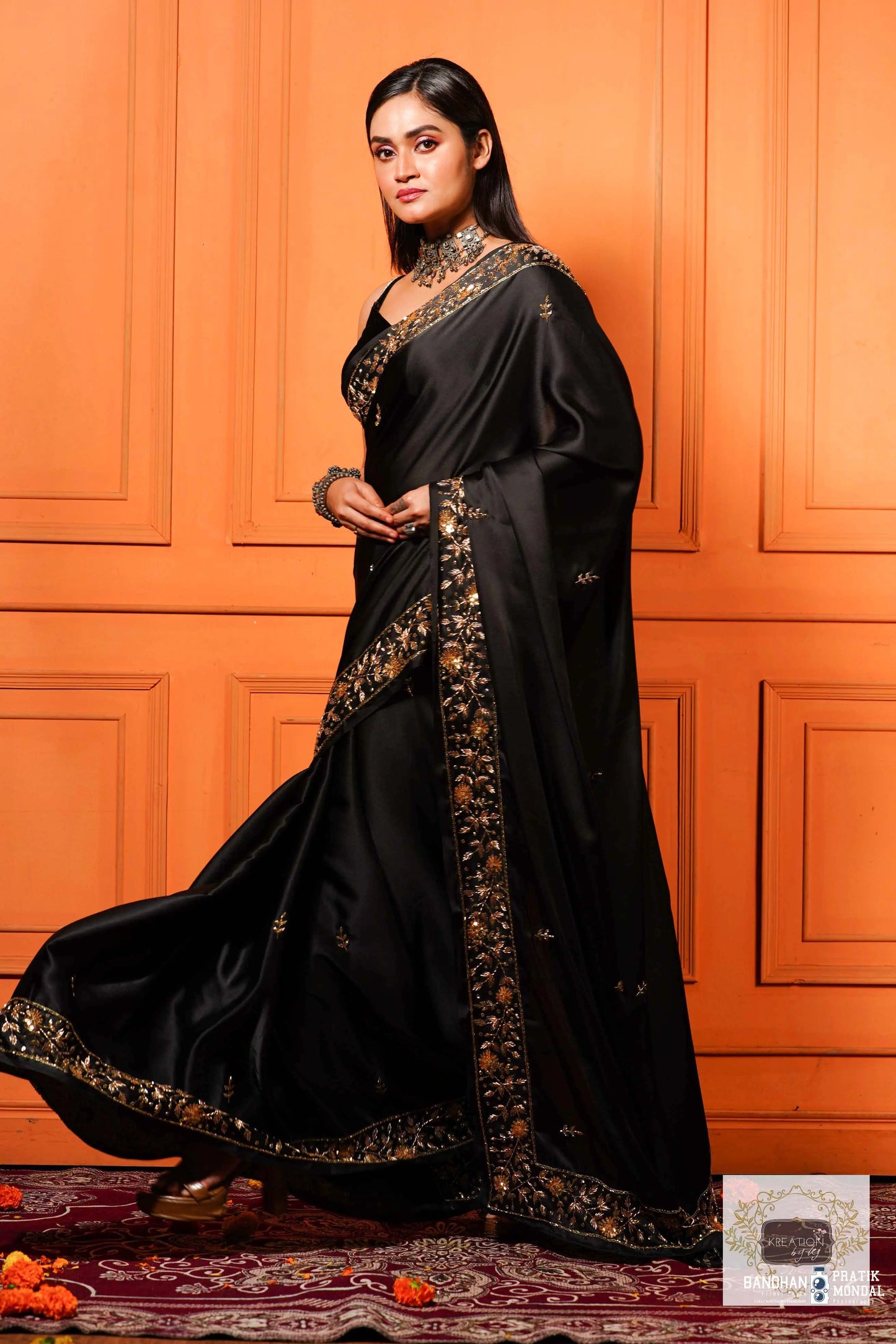 Black Satin Silk Anaya Saree kreationbykj