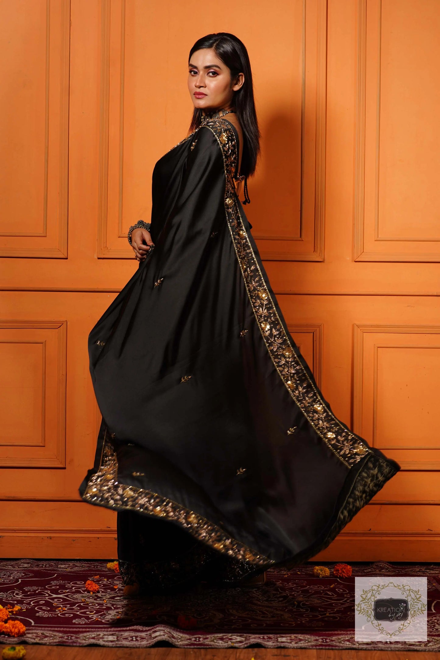 Black Satin Silk Anaya Saree kreationbykj