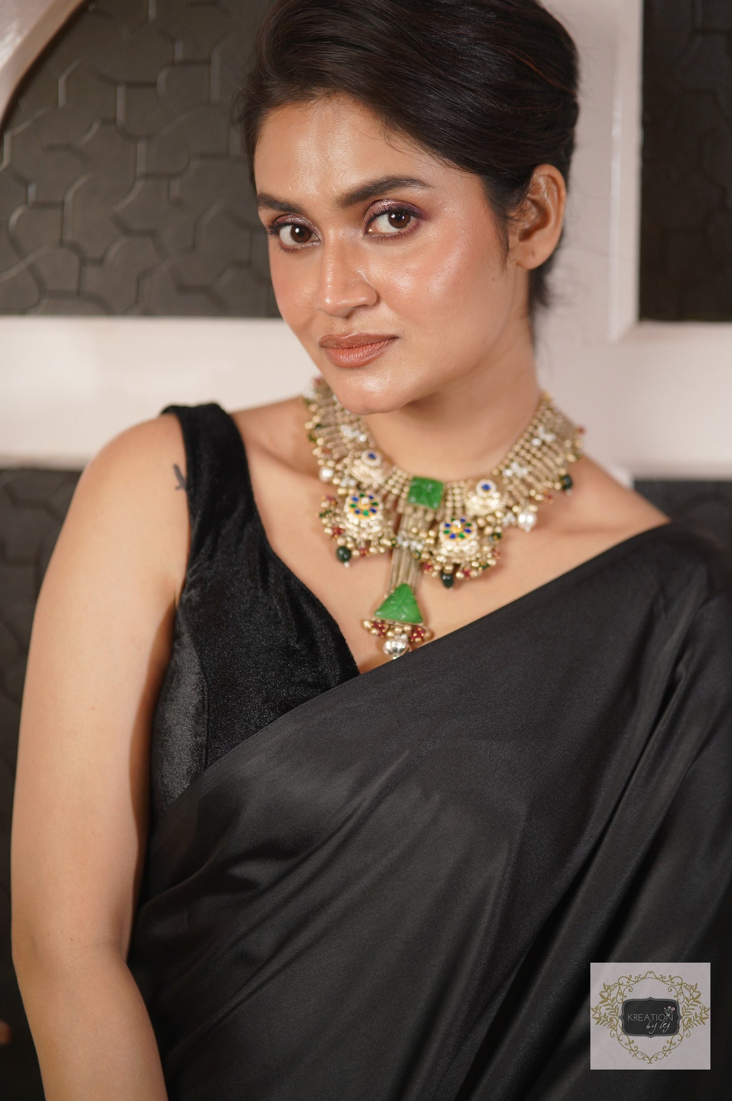 Twilight Satin Silk Cocktail Saree with handmade tassels on pallu kreationbykj.in