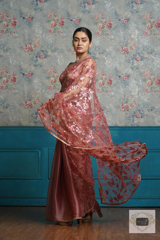 Dusty Rose Morning Glory Organza Half saree kreationbykj