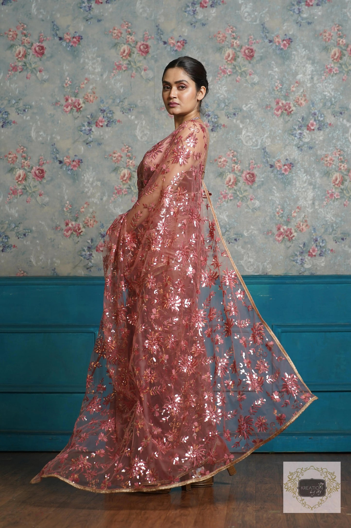 Dusty Rose Morning Glory Organza Half saree kreationbykj