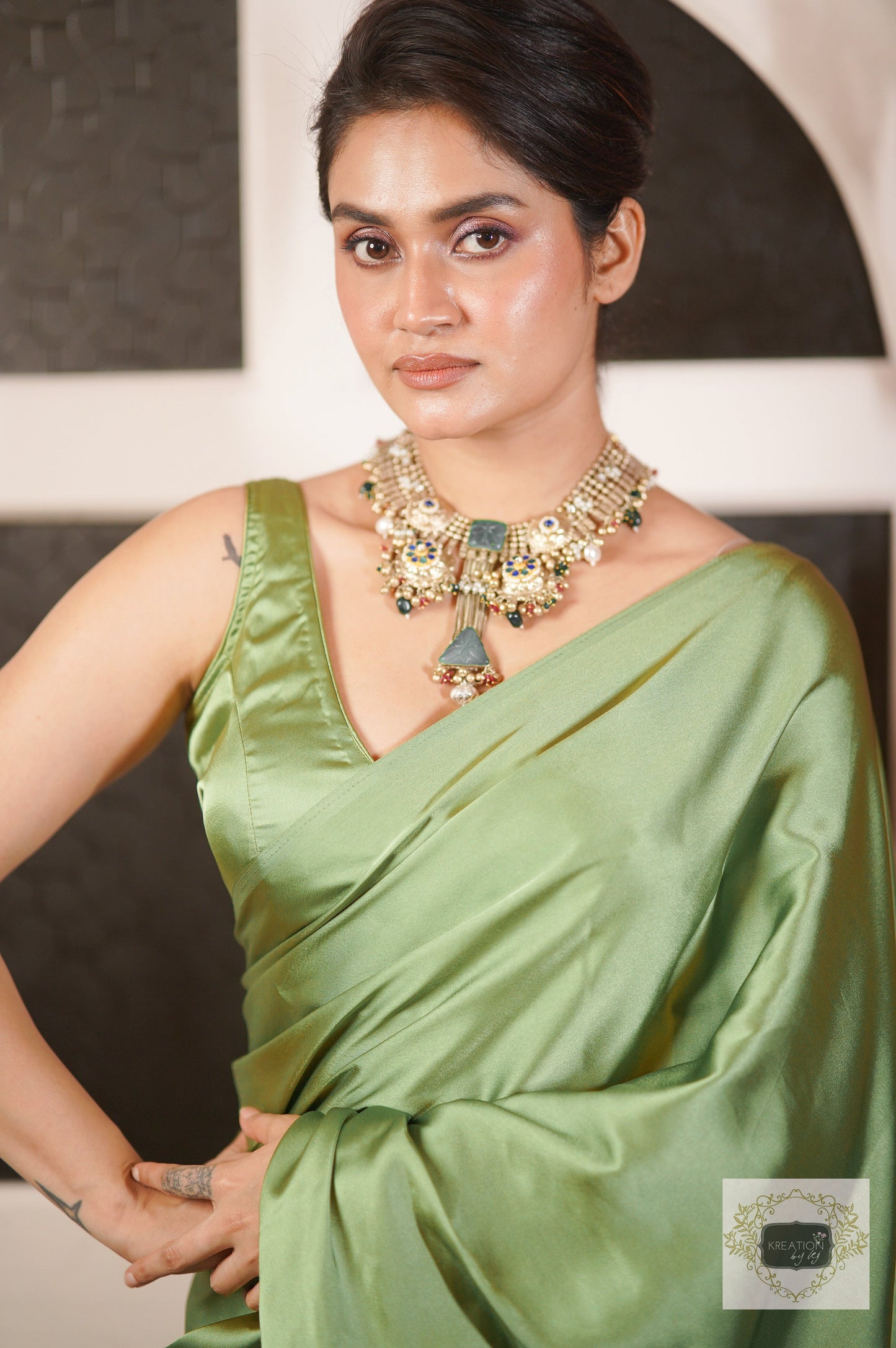 Moss Green Satin Silk Saree with Handmade Tassels on Pallu kreationbykj