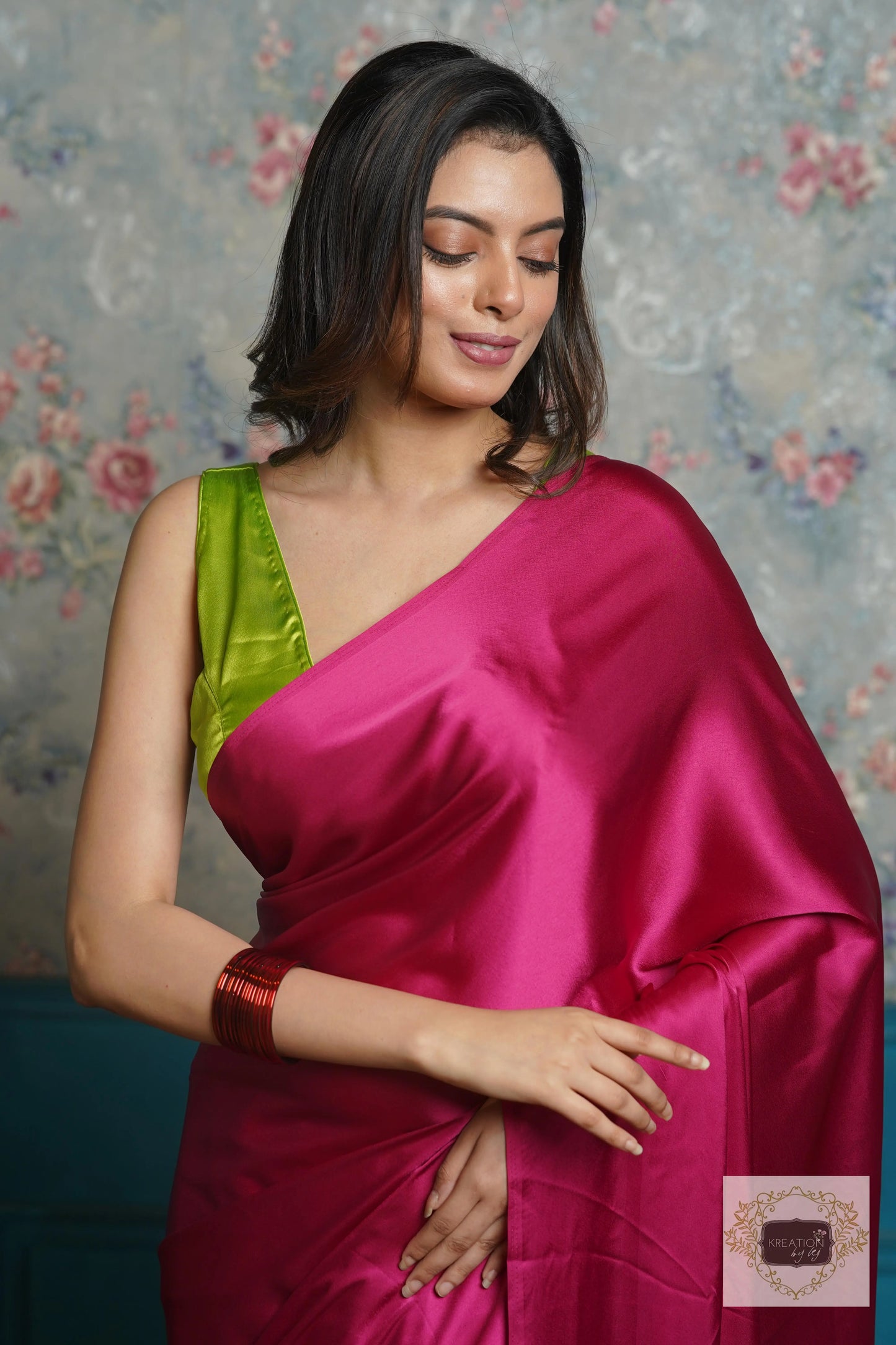 Hot Pink Satin Silk Saree with Handmade Tassels on Pallu kreationbykj