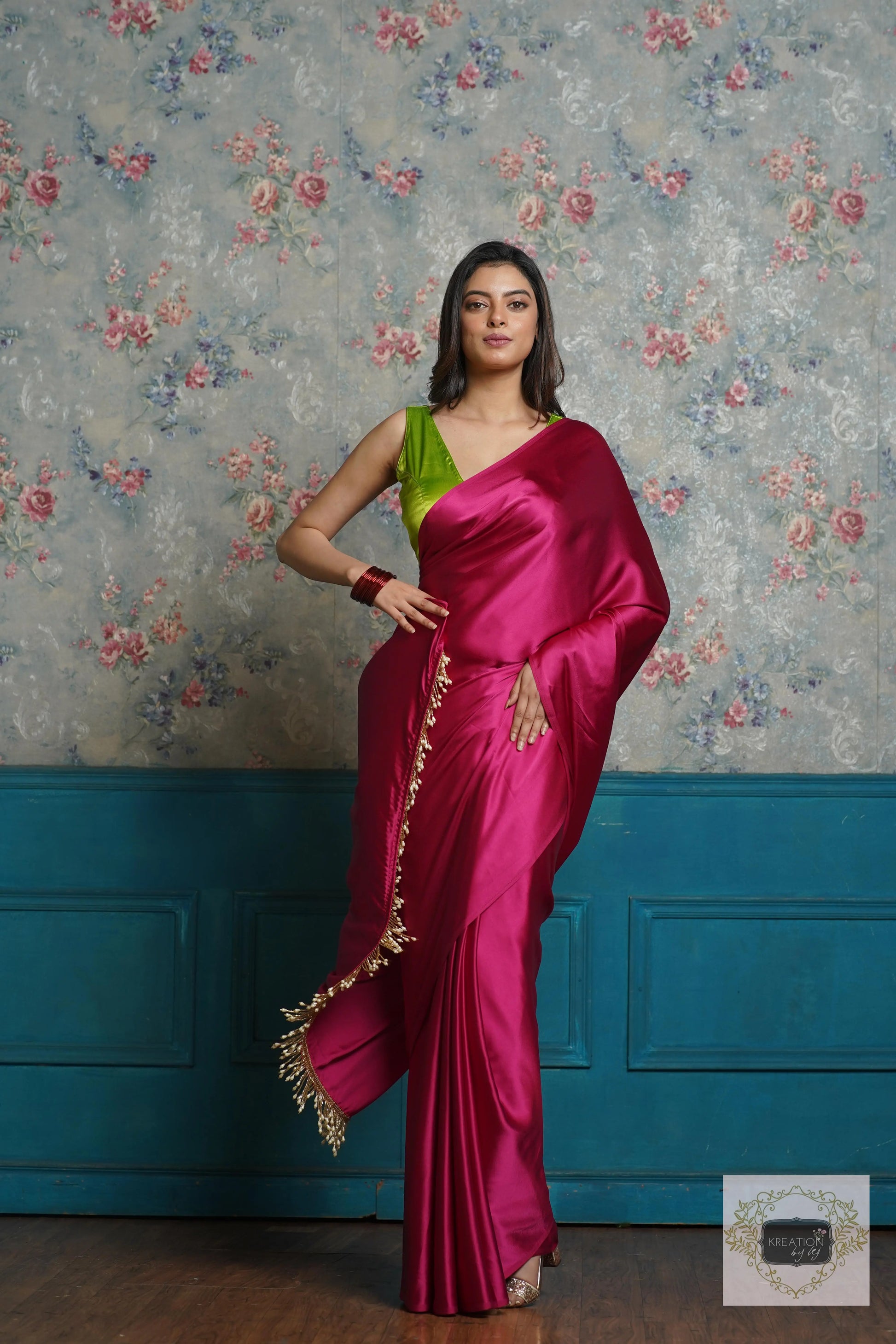 Hot Pink Satin Silk Saree with Handmade Tassels on Pallu kreationbykj