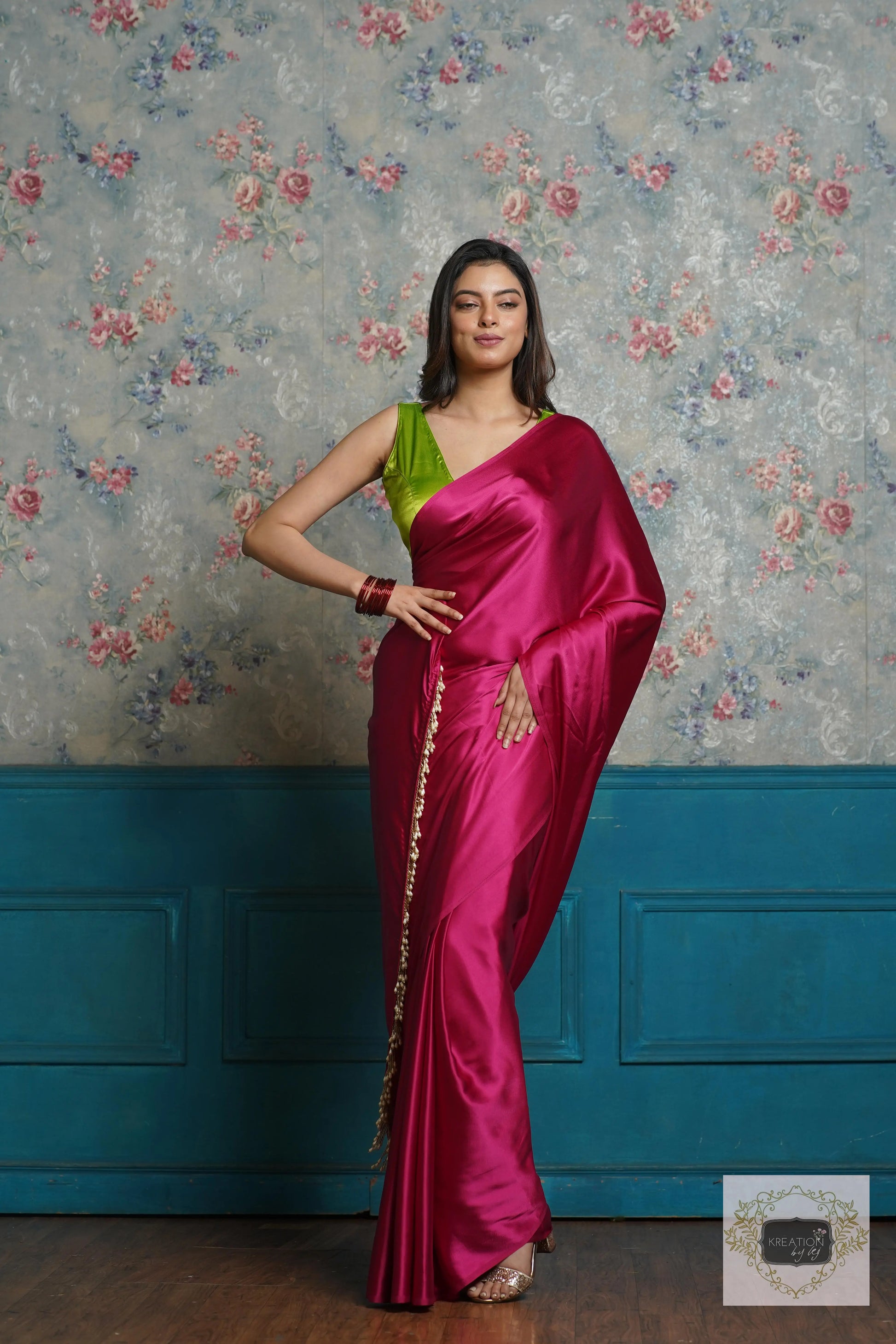 Hot Pink Satin Silk Saree with Handmade Tassels on Pallu kreationbykj