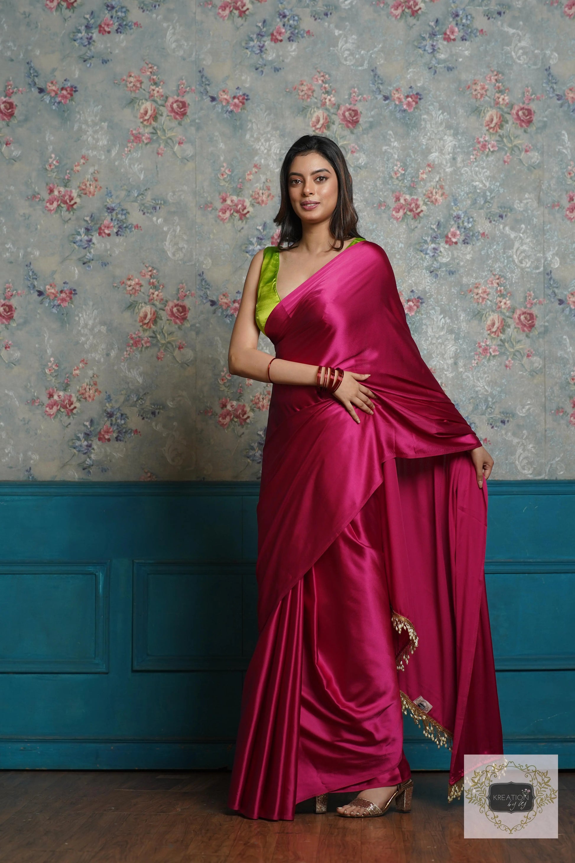 Hot Pink Satin Silk Saree with Handmade Tassels on Pallu kreationbykj