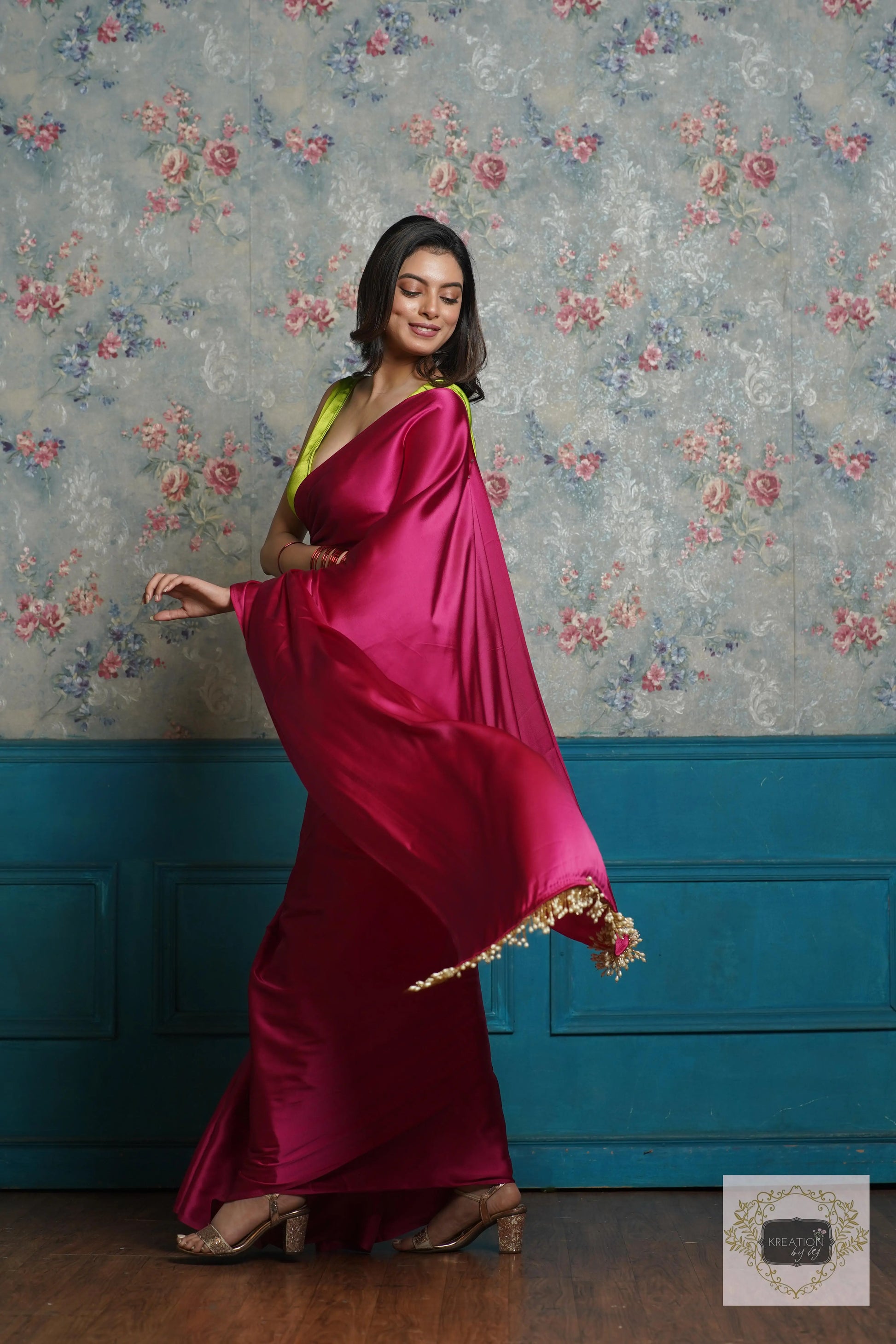Hot Pink Satin Silk Saree with Handmade Tassels on Pallu kreationbykj